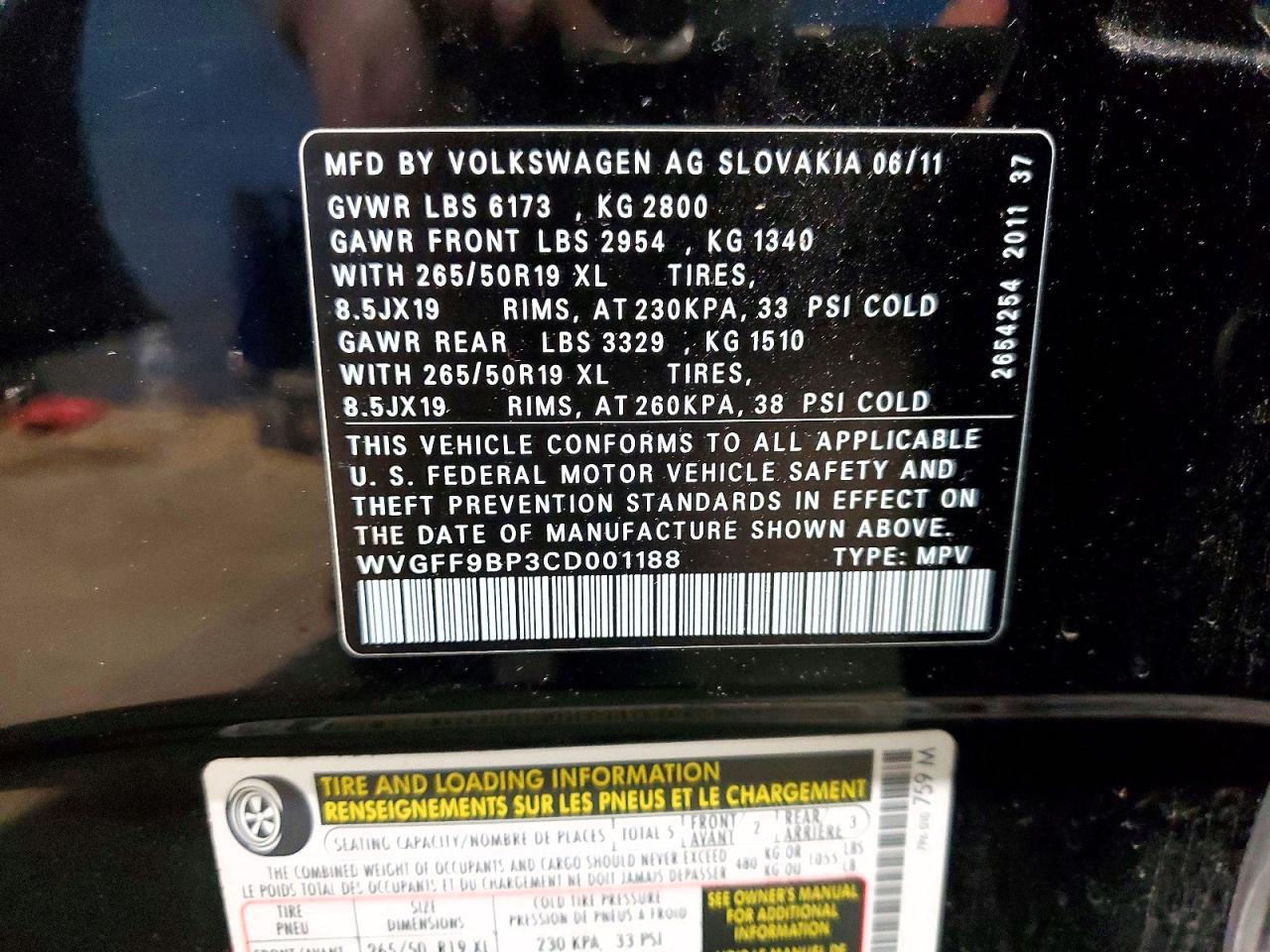 2012 Volkswagen Touareg V6 Black vin: WVGFF9BP3CD001188