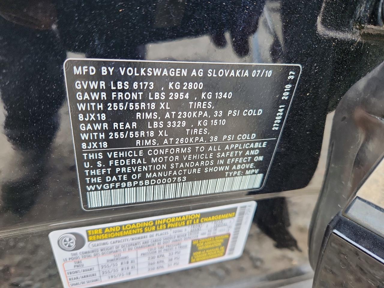 2011 Volkswagen Touareg V6 Black vin: WVGFF9BP5BD000753