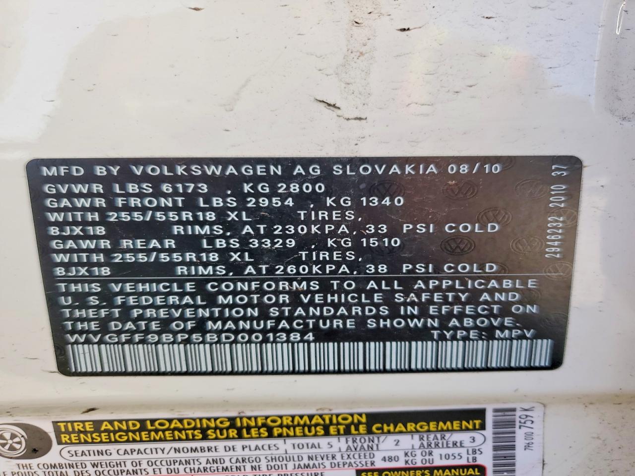 2011 Volkswagen Touareg V6 White vin: WVGFF9BP5BD001384