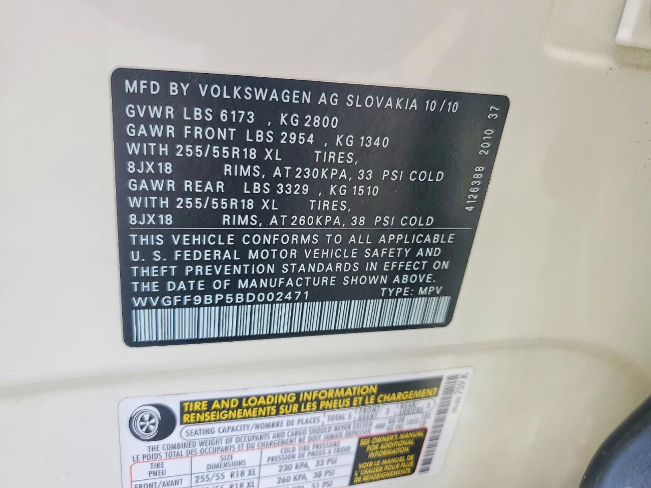 2011 Volkswagen Touareg V6 White vin: WVGFF9BP5BD002471