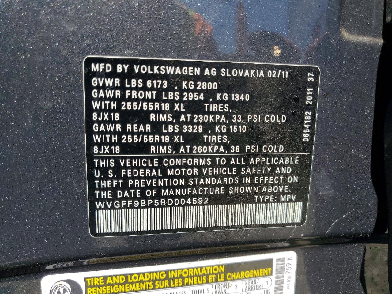 2011 Volkswagen Touareg V6 Серый vin: WVGFF9BP5BD004592