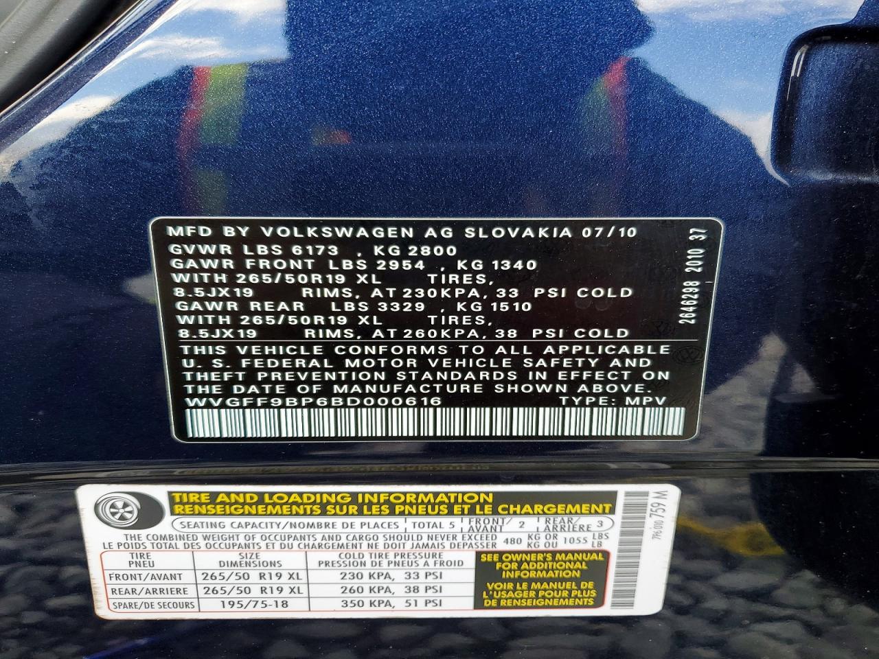 2011 Volkswagen Touareg V6 Blue vin: WVGFF9BP6BD000616