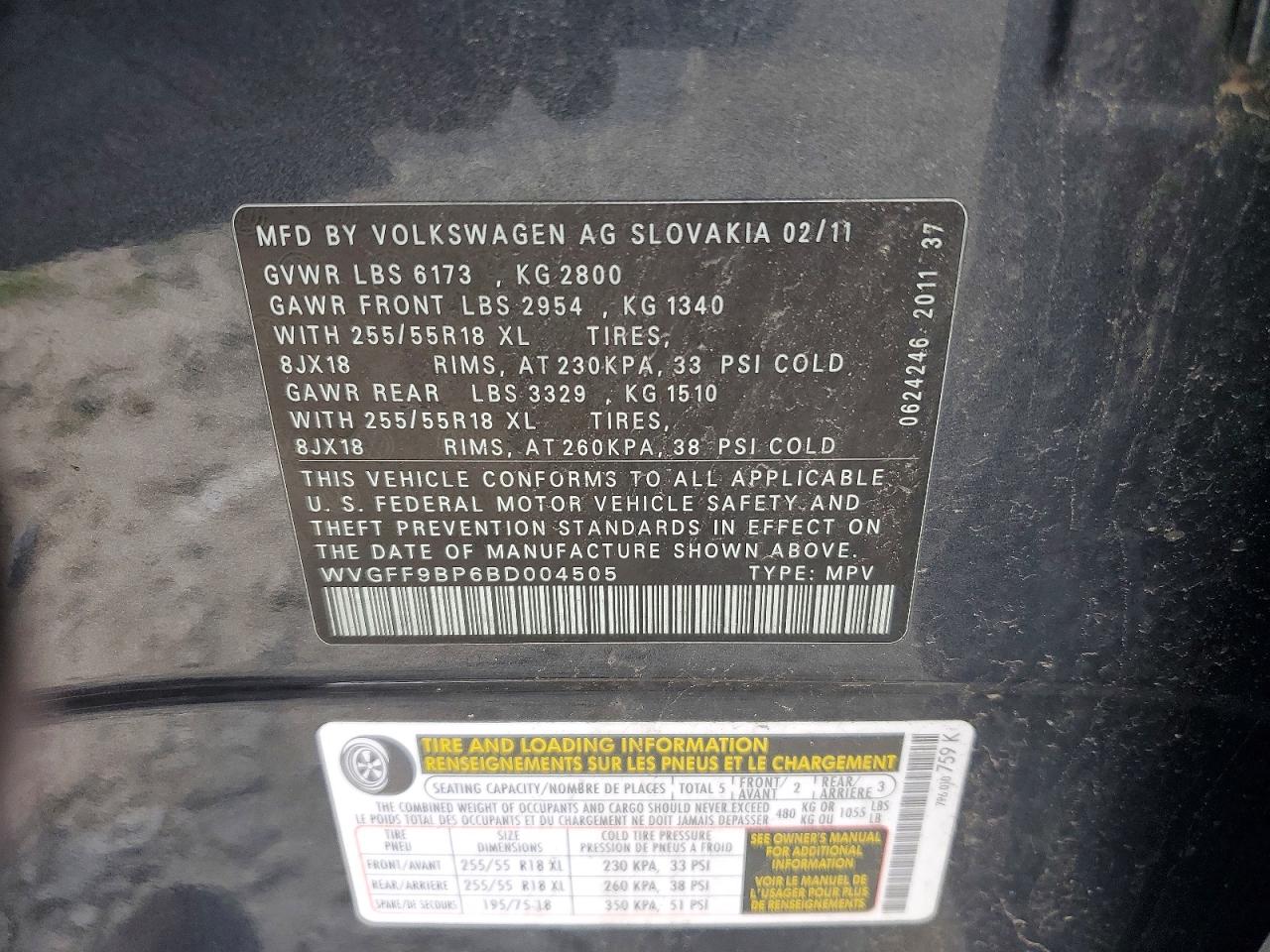 2011 Volkswagen Touareg V6 Gray vin: WVGFF9BP6BD004505