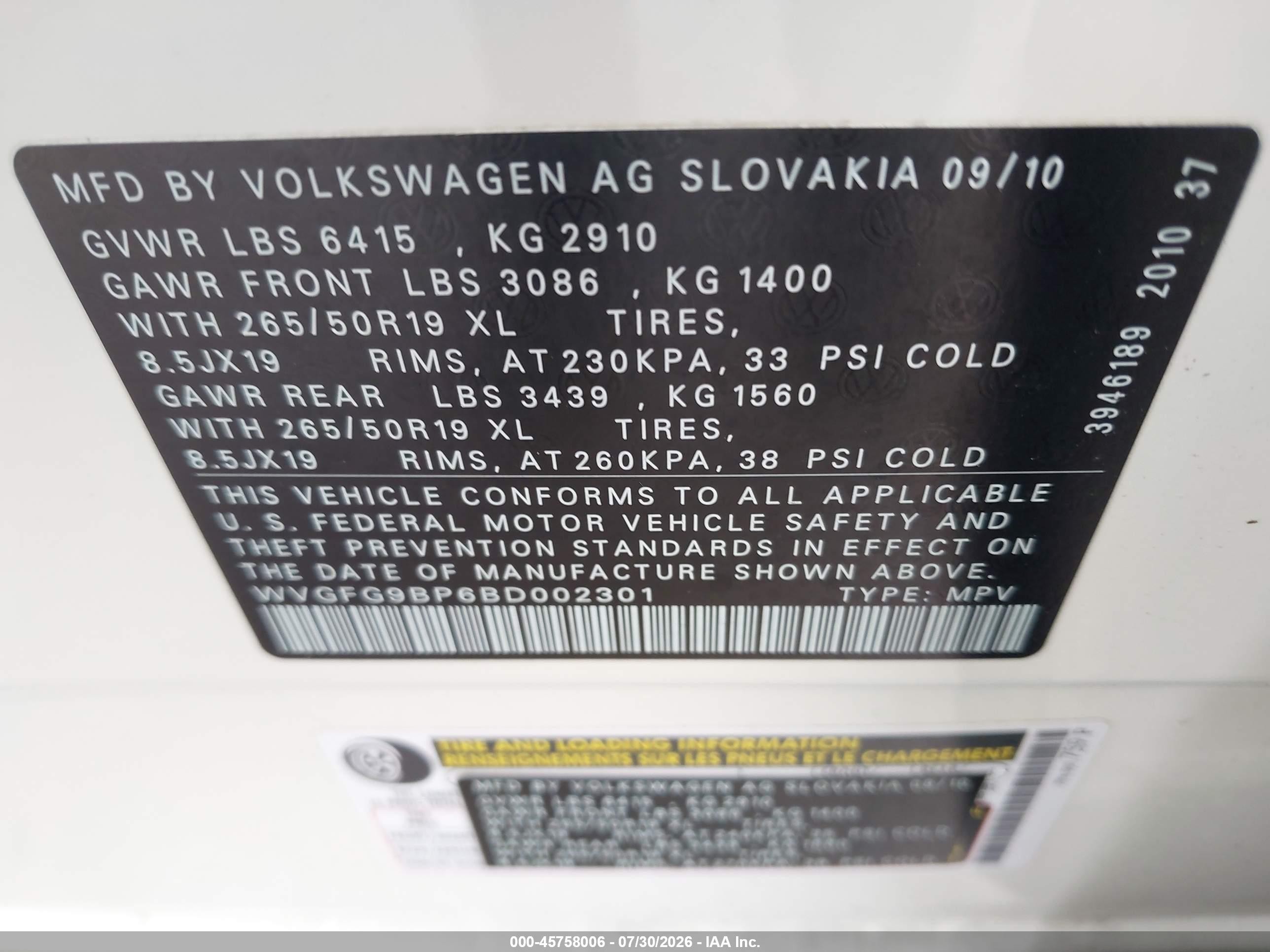 2011 Volkswagen Touareg Hybrid   White vin: WVGFG9BP6BD002301