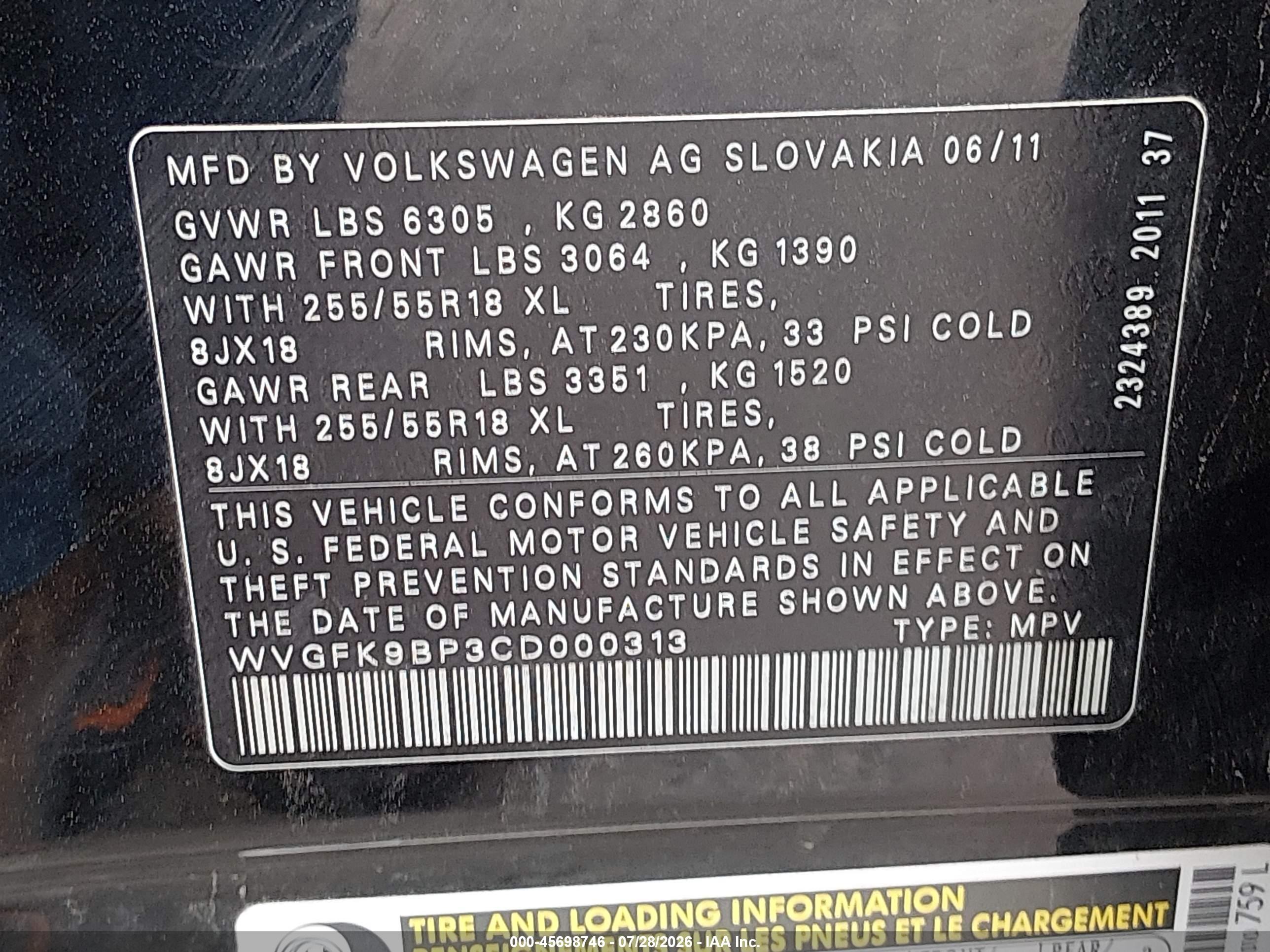2012 Volkswagen Touareg Tdi Sport Black vin: WVGFK9BP3CD000313