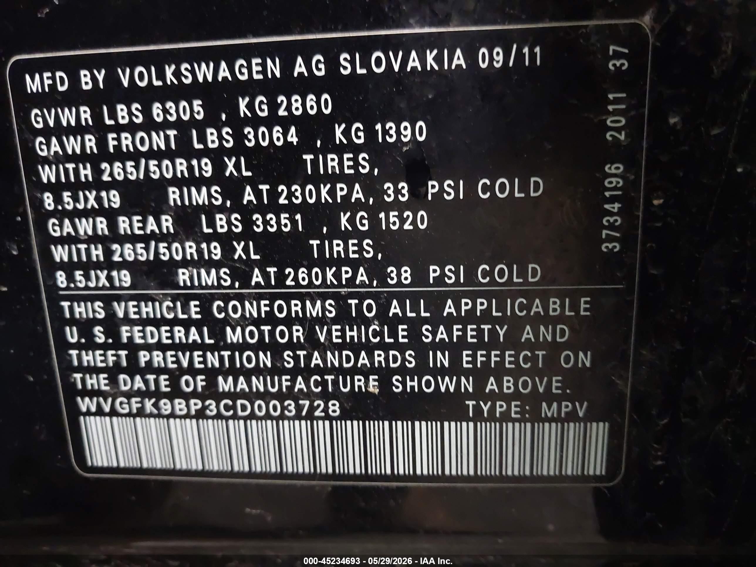 2012 Volkswagen Touareg Tdi Lux Black vin: WVGFK9BP3CD003728