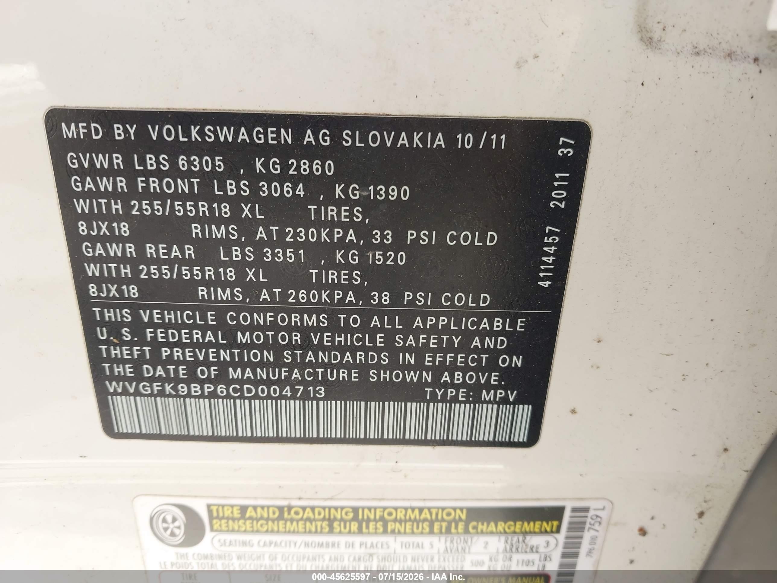 2012 Volkswagen Touareg Tdi Sport White vin: WVGFK9BP6CD004713