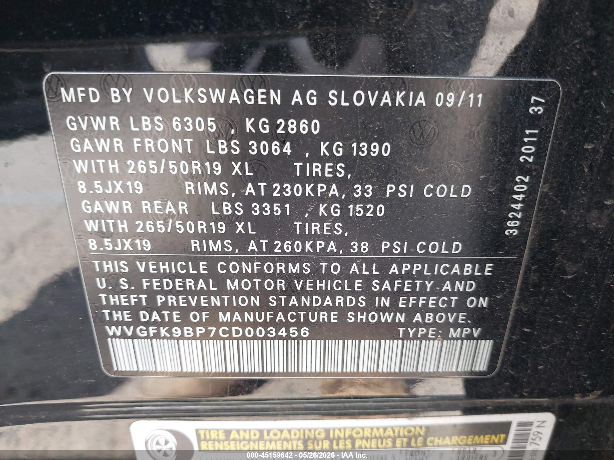 2012 Volkswagen Touareg Tdi Lux Black vin: WVGFK9BP7CD003456