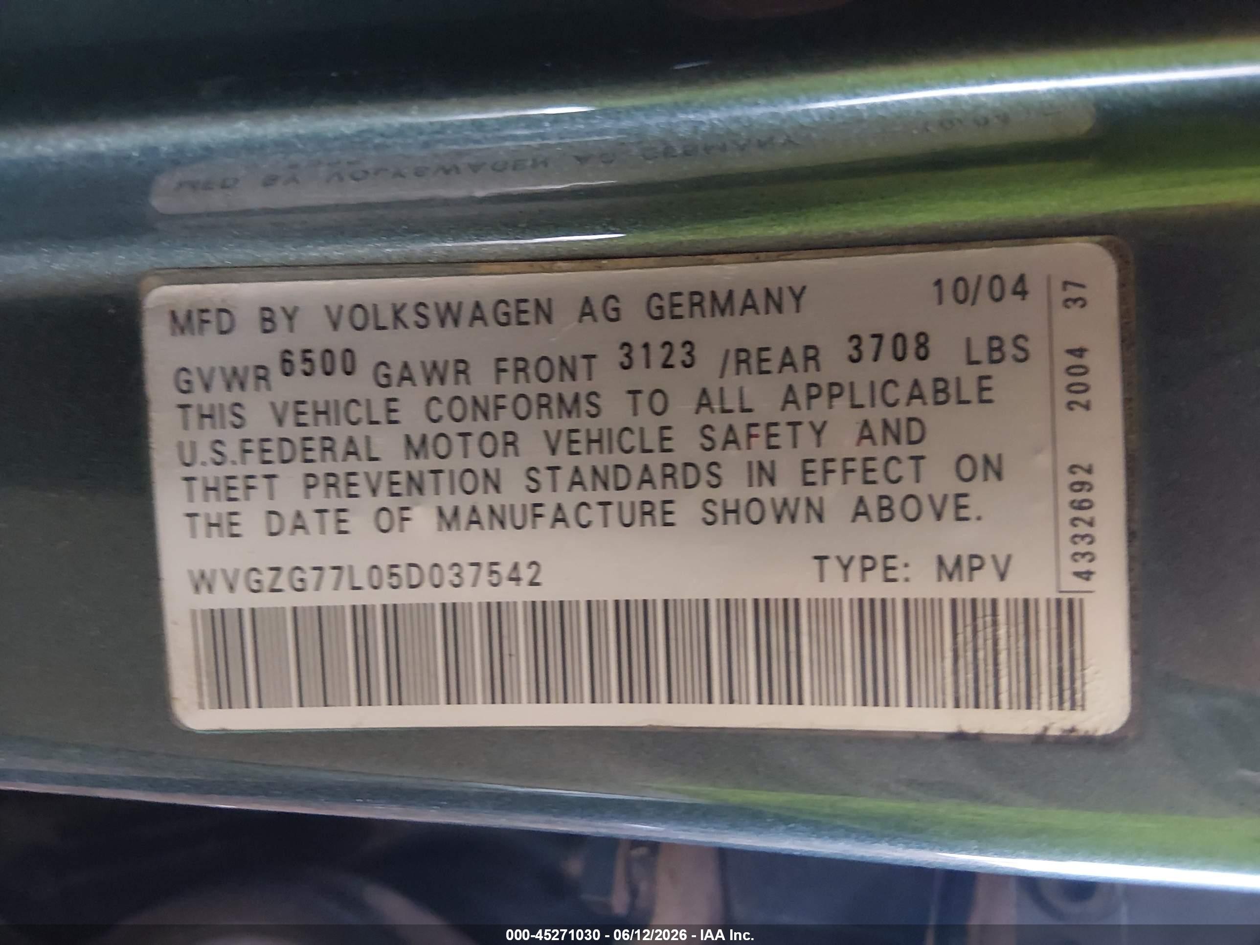 2005 Volkswagen Touareg V6/v6 (a6) Green vin: WVGZG77L05D037542