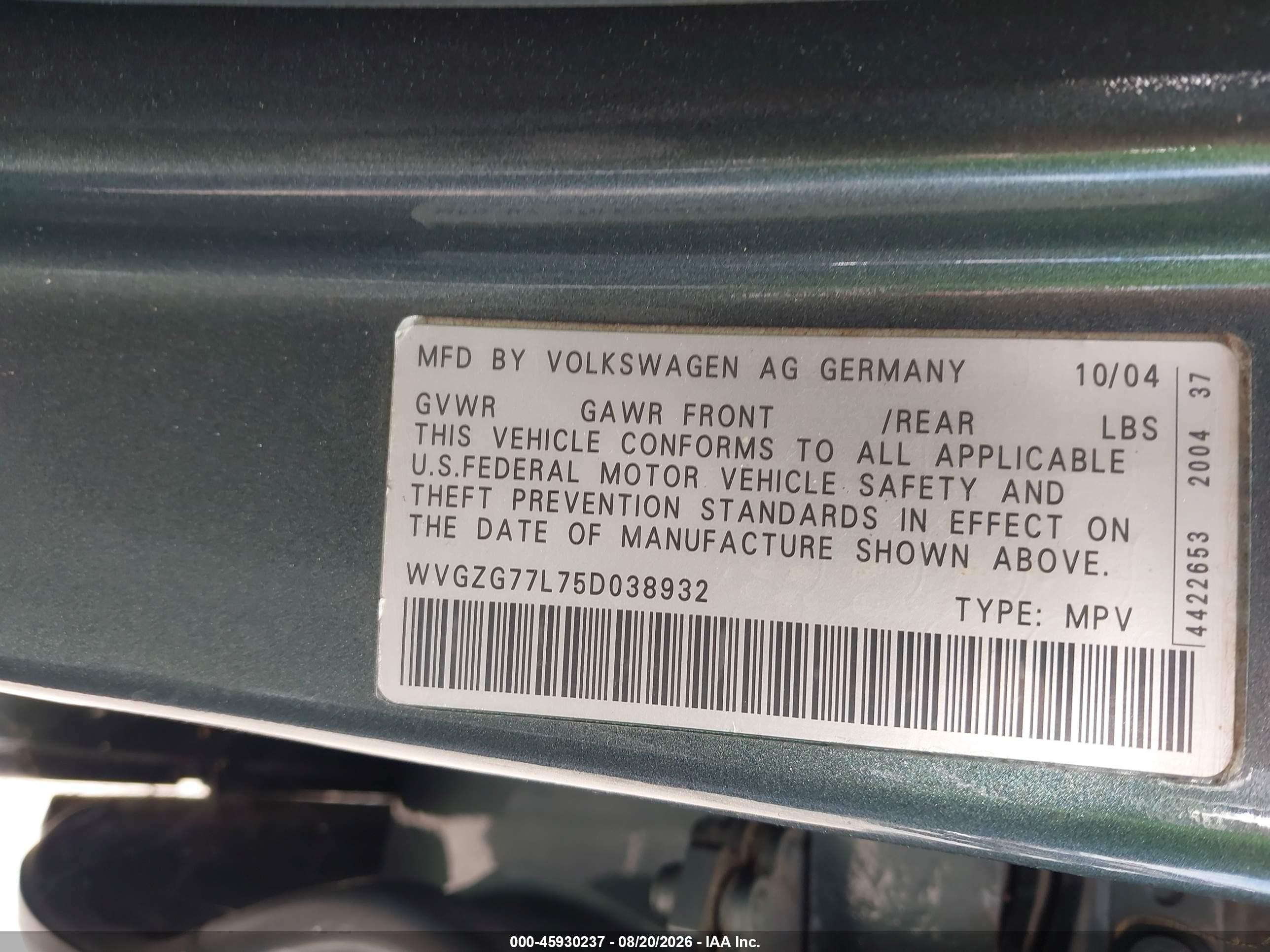 2005 Volkswagen Touareg 3.2 Green vin: WVGZG77L75D038932