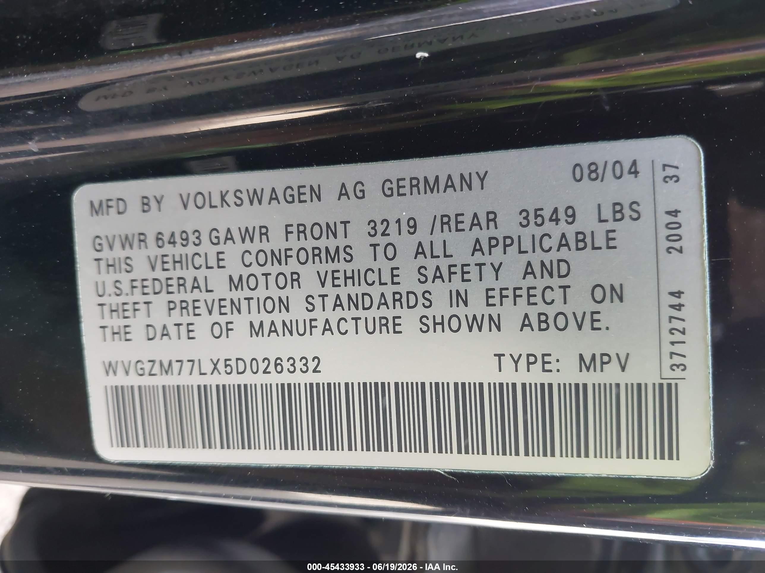 2005 Volkswagen Touareg V8 Black vin: WVGZM77LX5D026332
