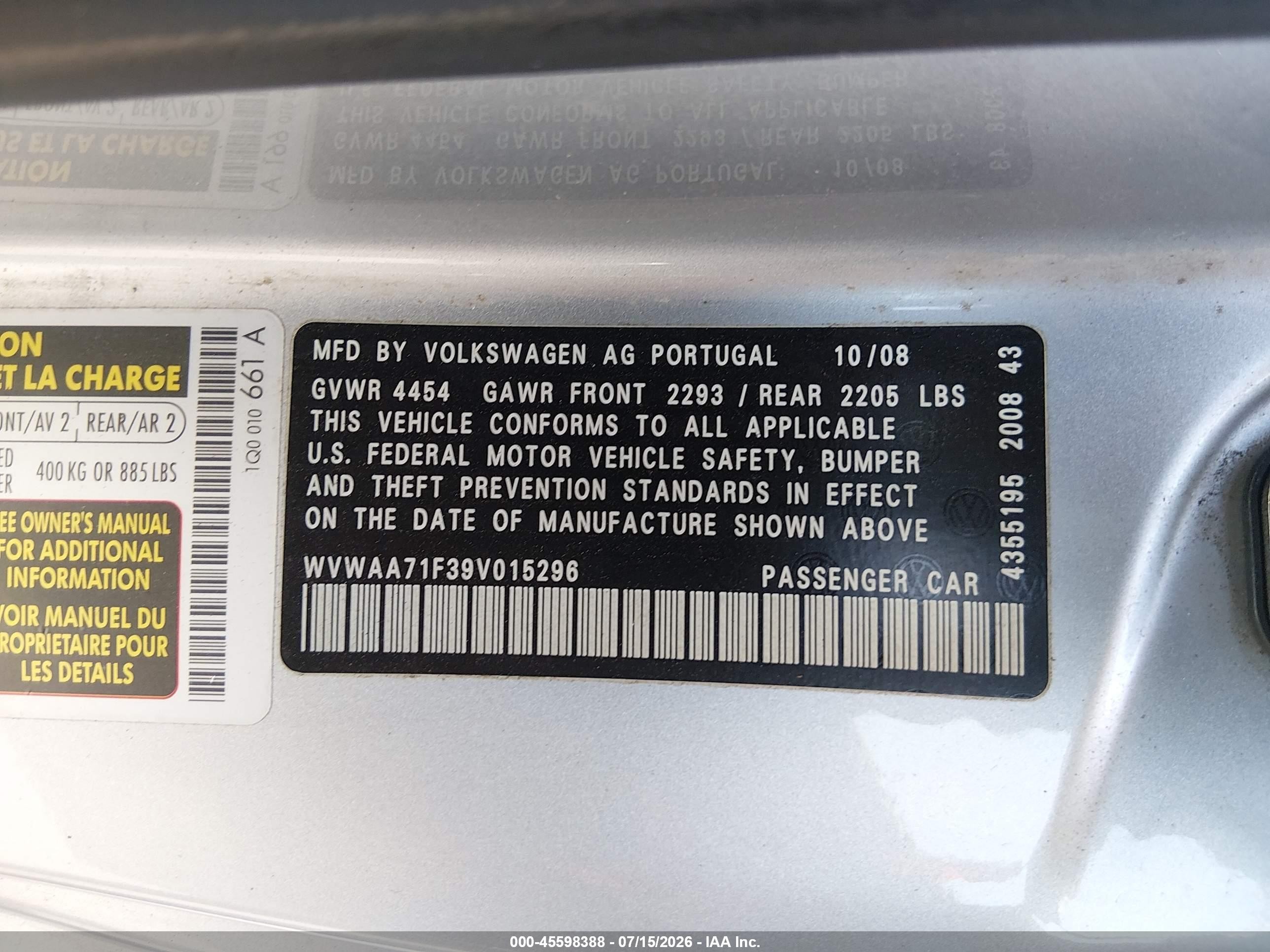 2009 Volkswagen Eos Komfort Blue vin: WVWAA71F39V015296