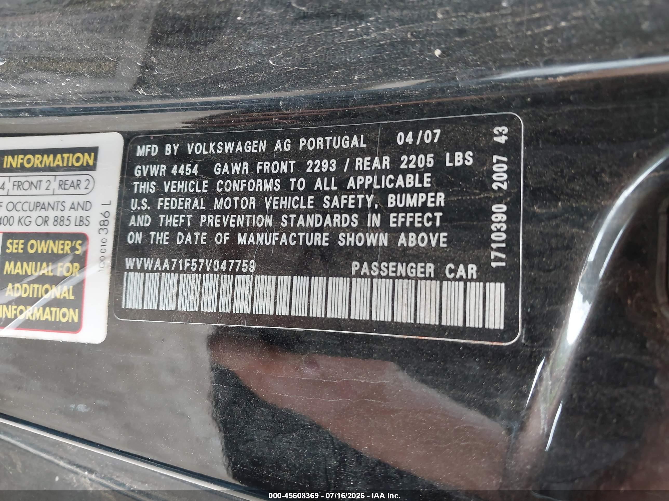 2007 Volkswagen Eos   Black vin: WVWAA71F57V047759