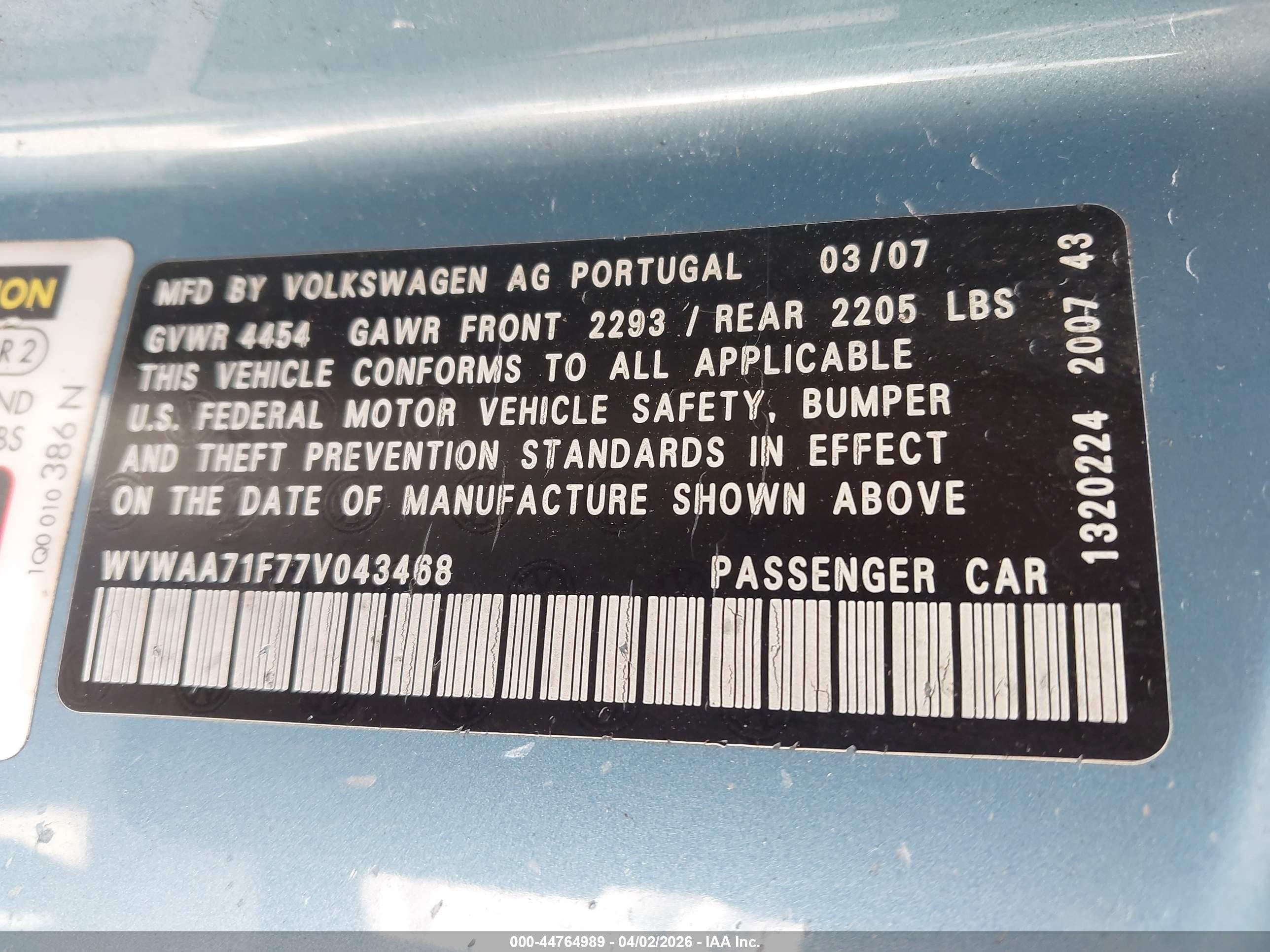2007 Volkswagen Eos 2.0t Blue vin: WVWAA71F77V043468