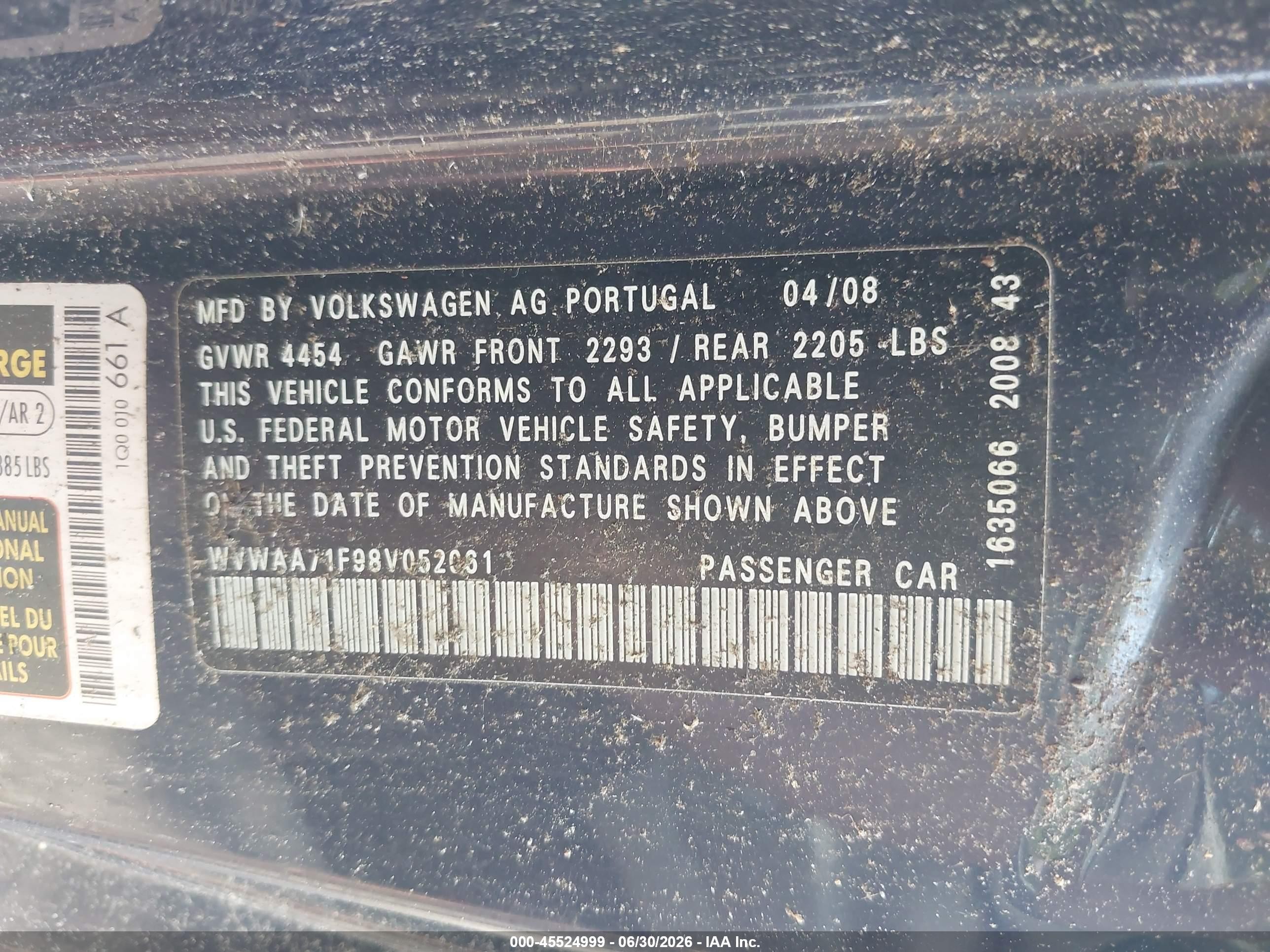 2008 Volkswagen Eos Komfort/turbo Blue vin: WVWAA71F98V052061