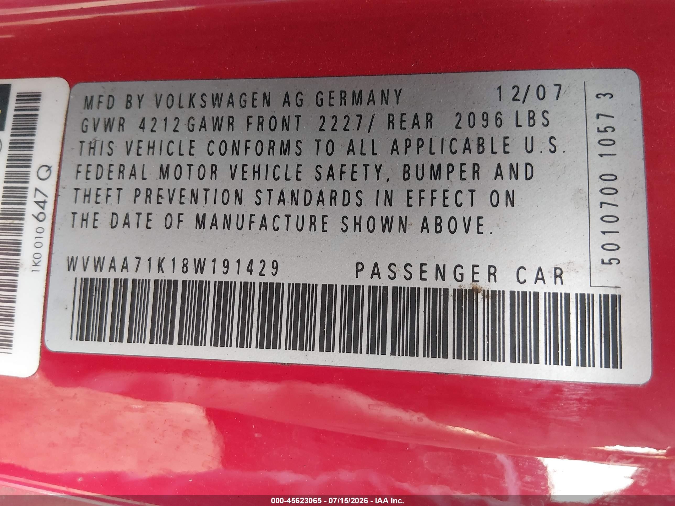 2008 Volkswagen Rabbit S Красный vin: WVWAA71K18W191429