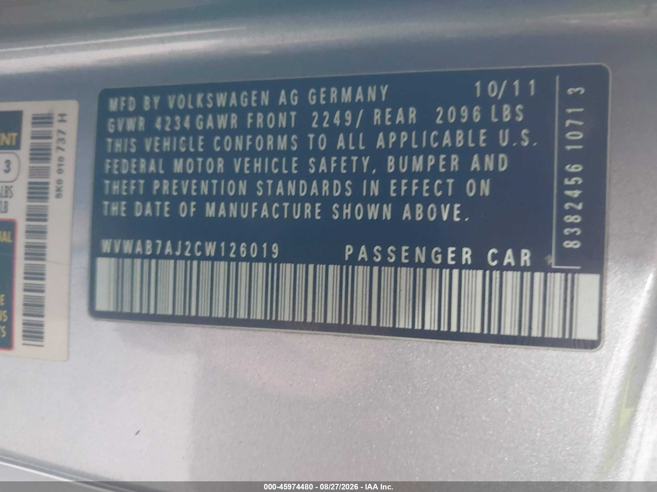 2012 Volkswagen Golf Blue vin: WVWAB7AJ2CW126019