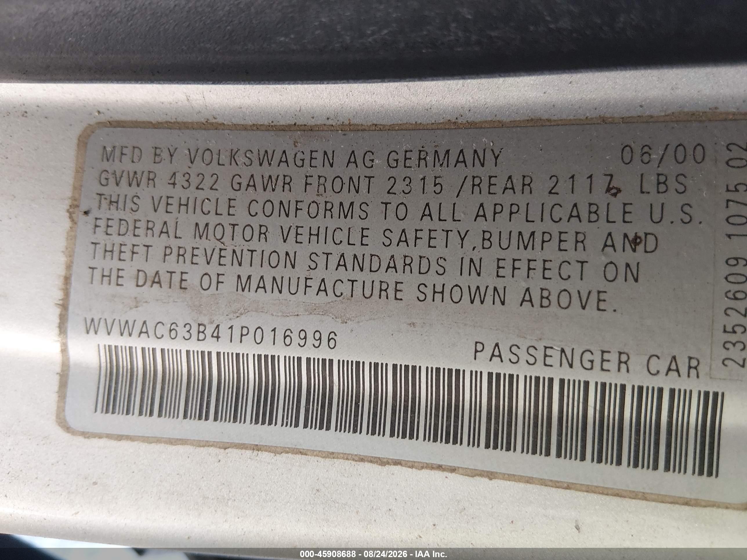 2001 Volkswagen Passat Gls Silver vin: WVWAC63B41P016996