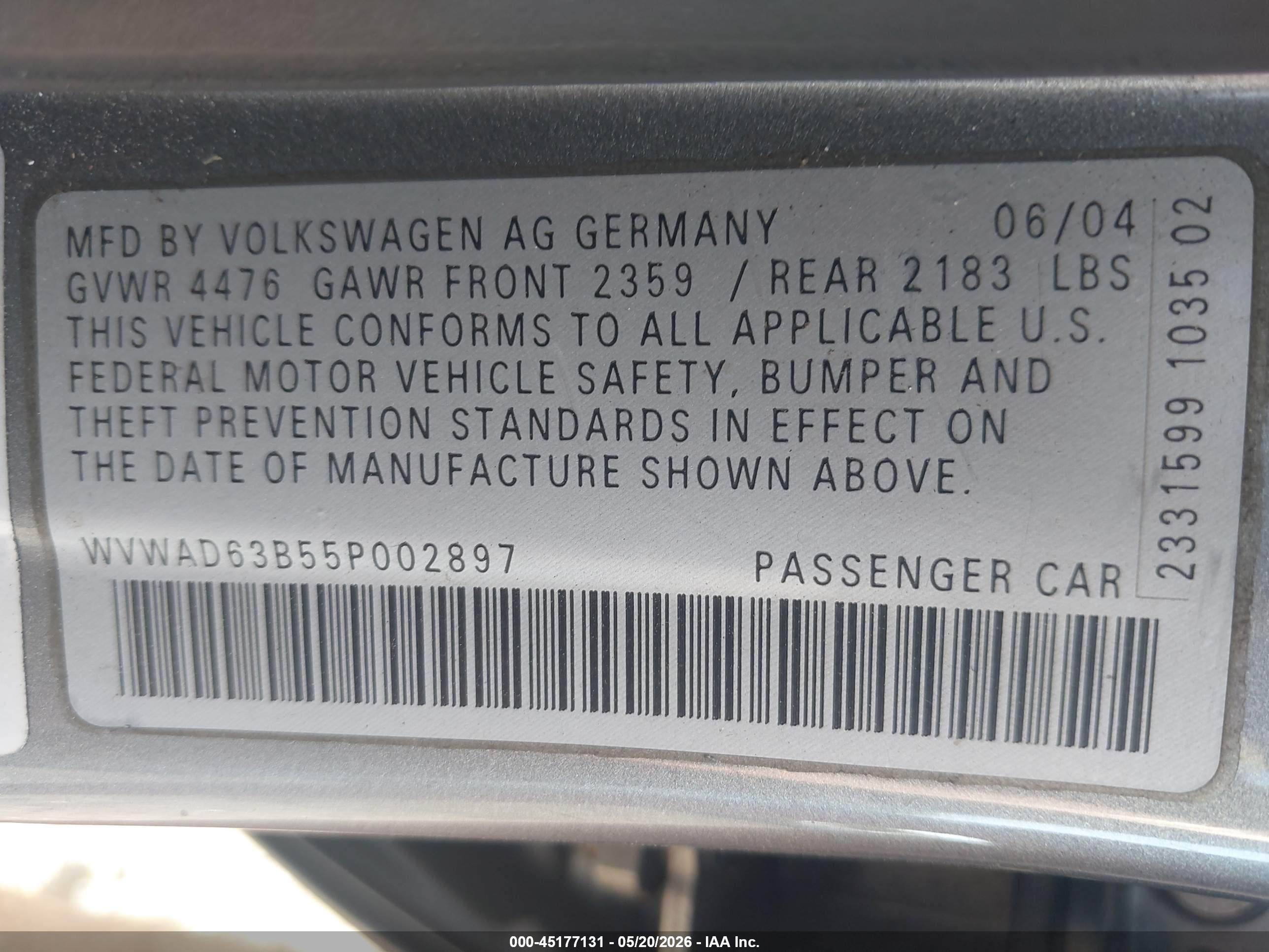 2005 Volkswagen Passat Gls 1.8t Gray vin: WVWAD63B55P002897