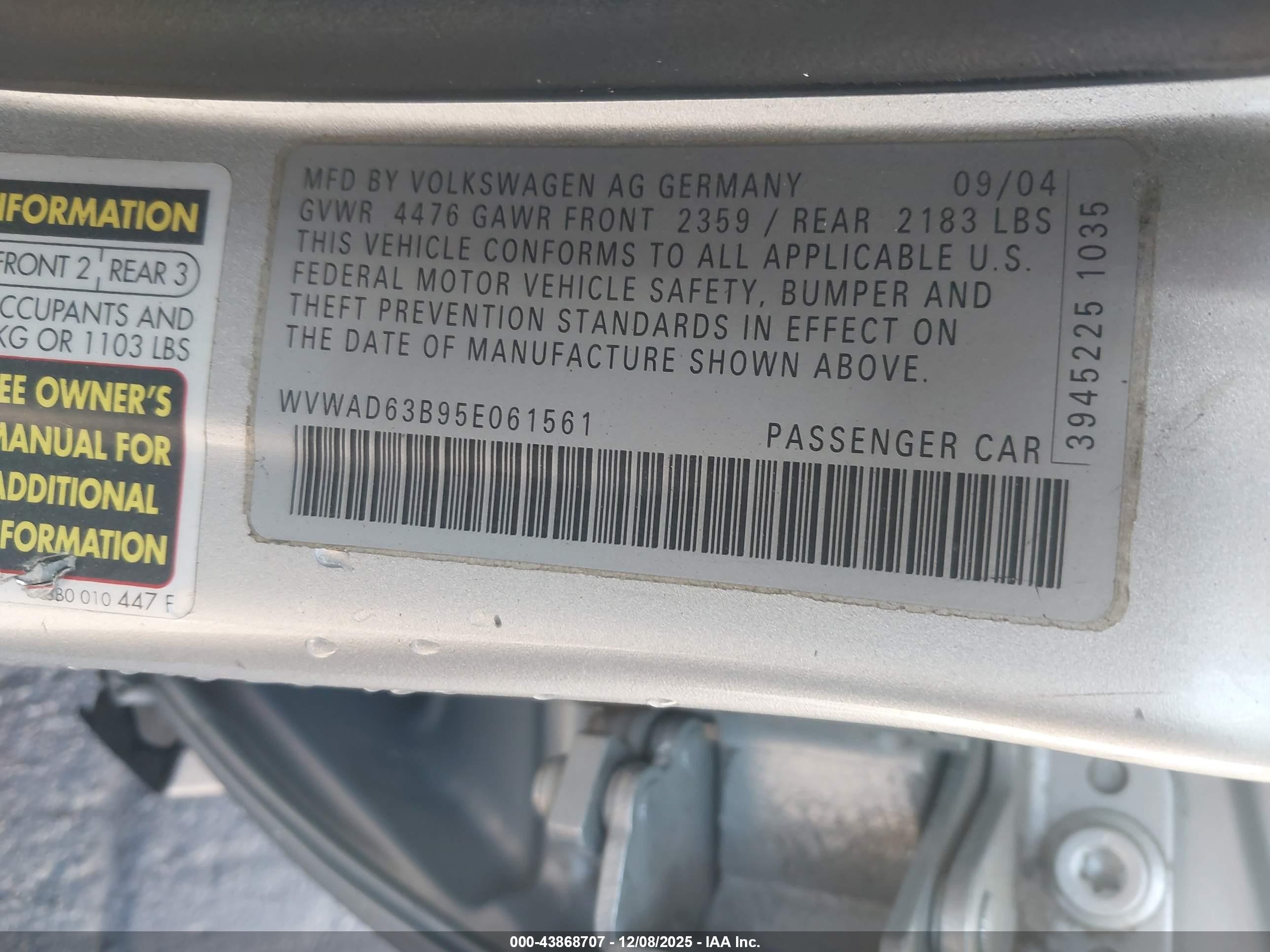 2005 Volkswagen Passat Gls 1.8t Silver vin: WVWAD63B95E061561