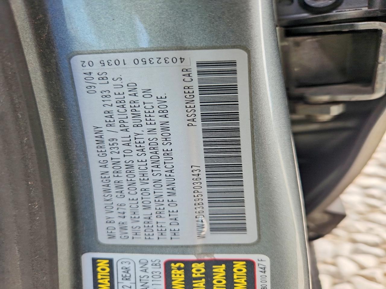 2005 Volkswagen Passat Gls Gray vin: WVWAD63B95P036437