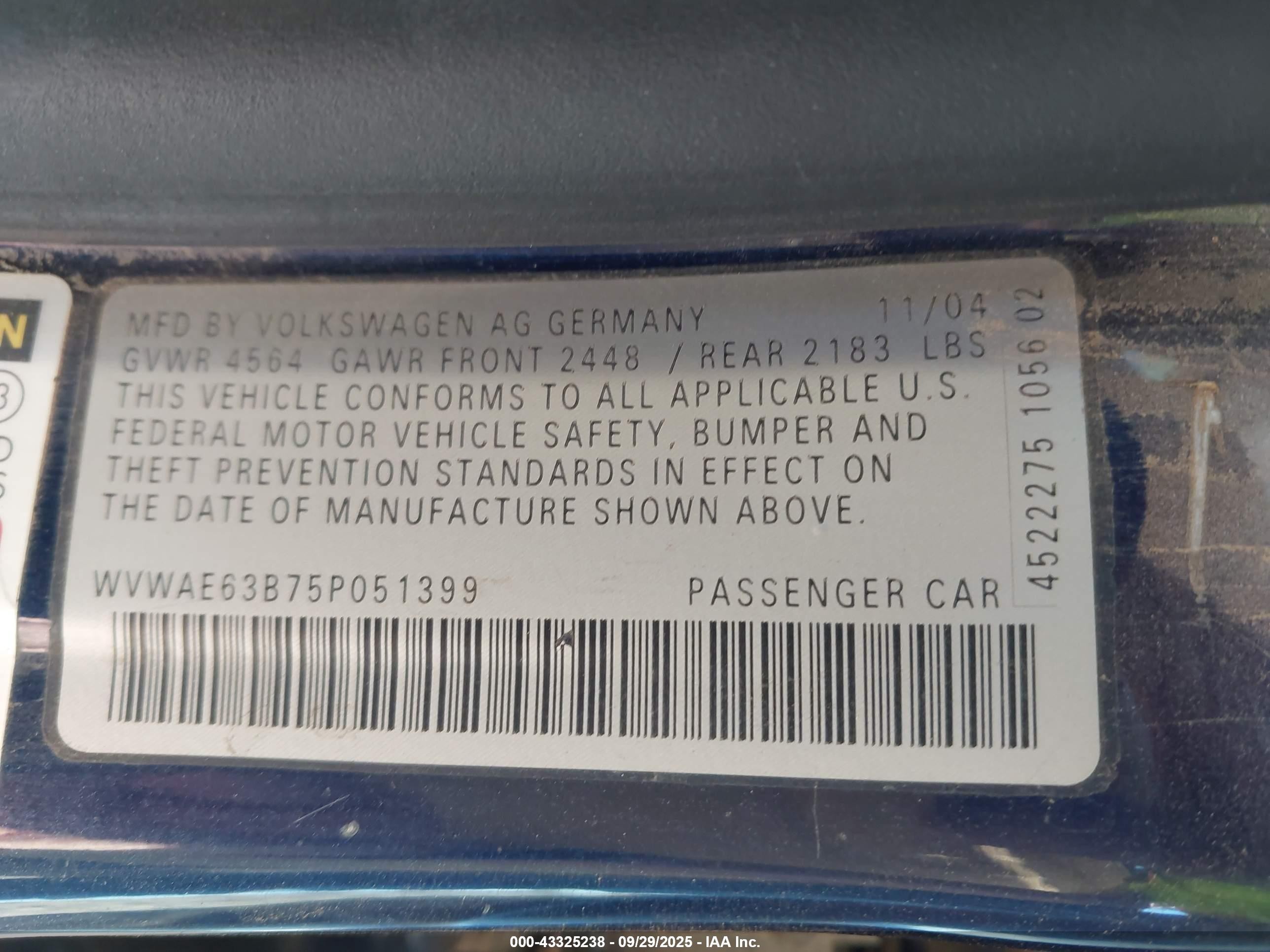 2005 Volkswagen Passat Gls Tdi Blue vin: WVWAE63B75P051399