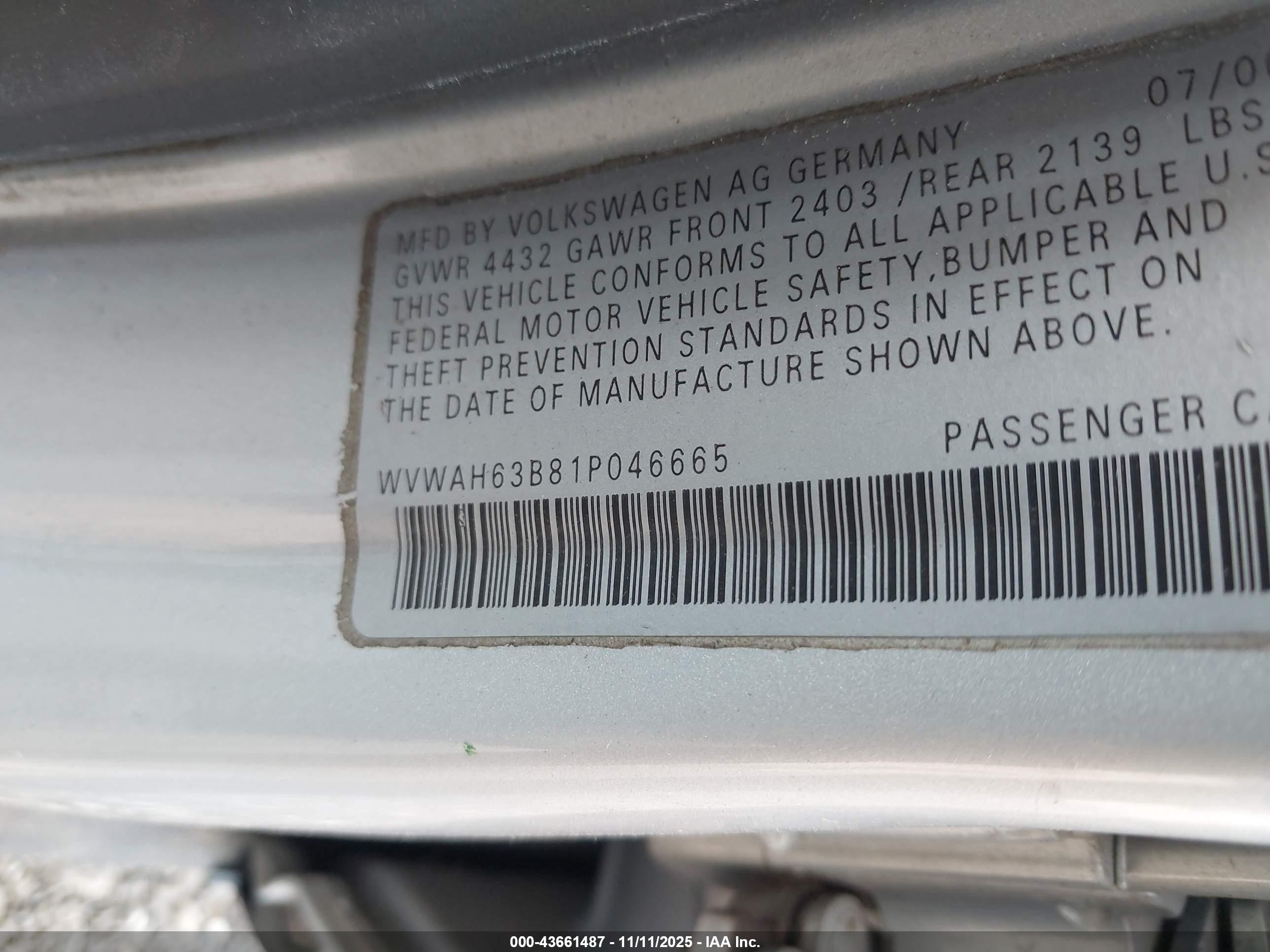 2001 Volkswagen Passat Gls Silver vin: WVWAH63B81P046665