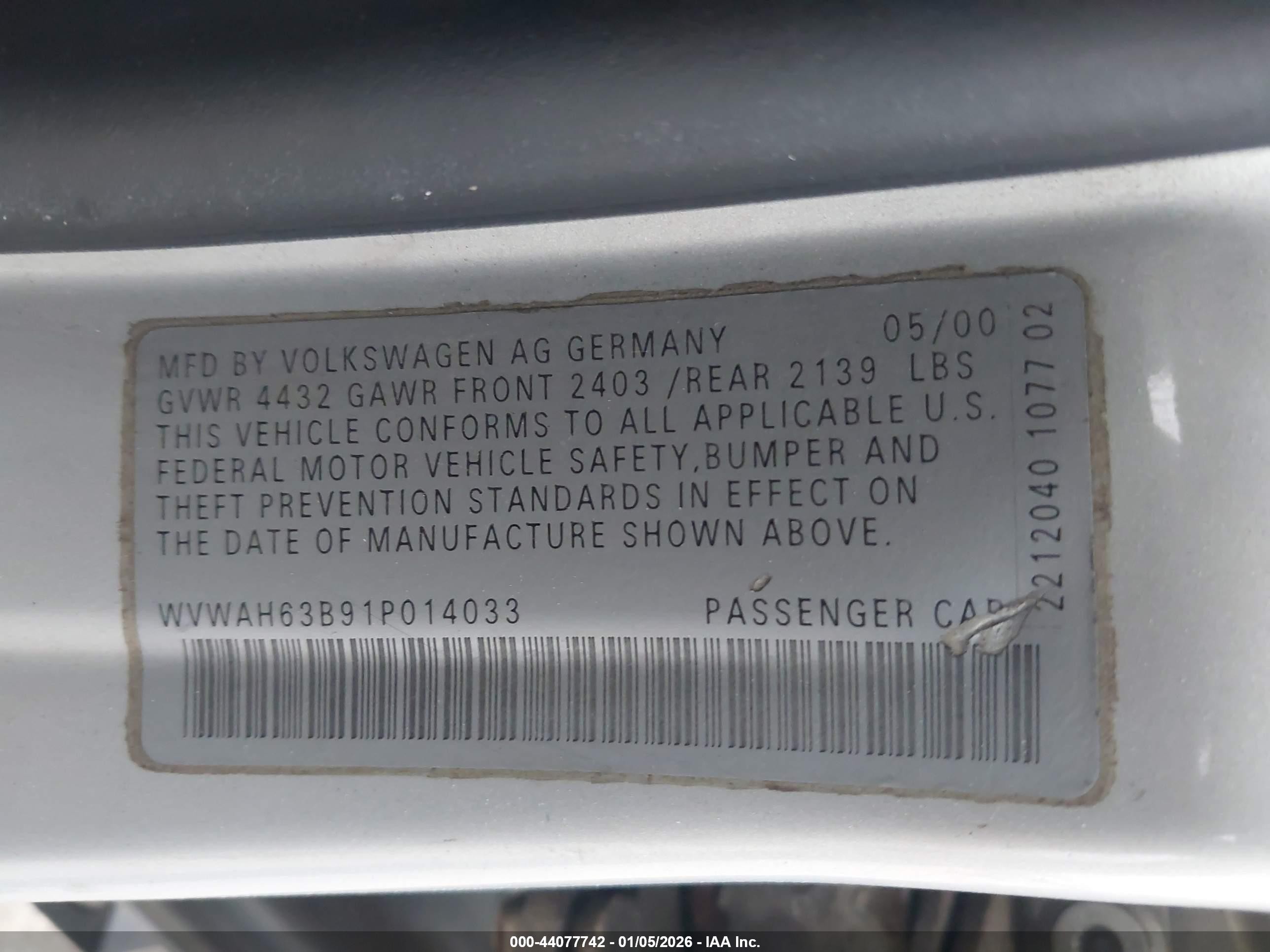 2001 Volkswagen Passat Gls V6 Silver vin: WVWAH63B91P014033