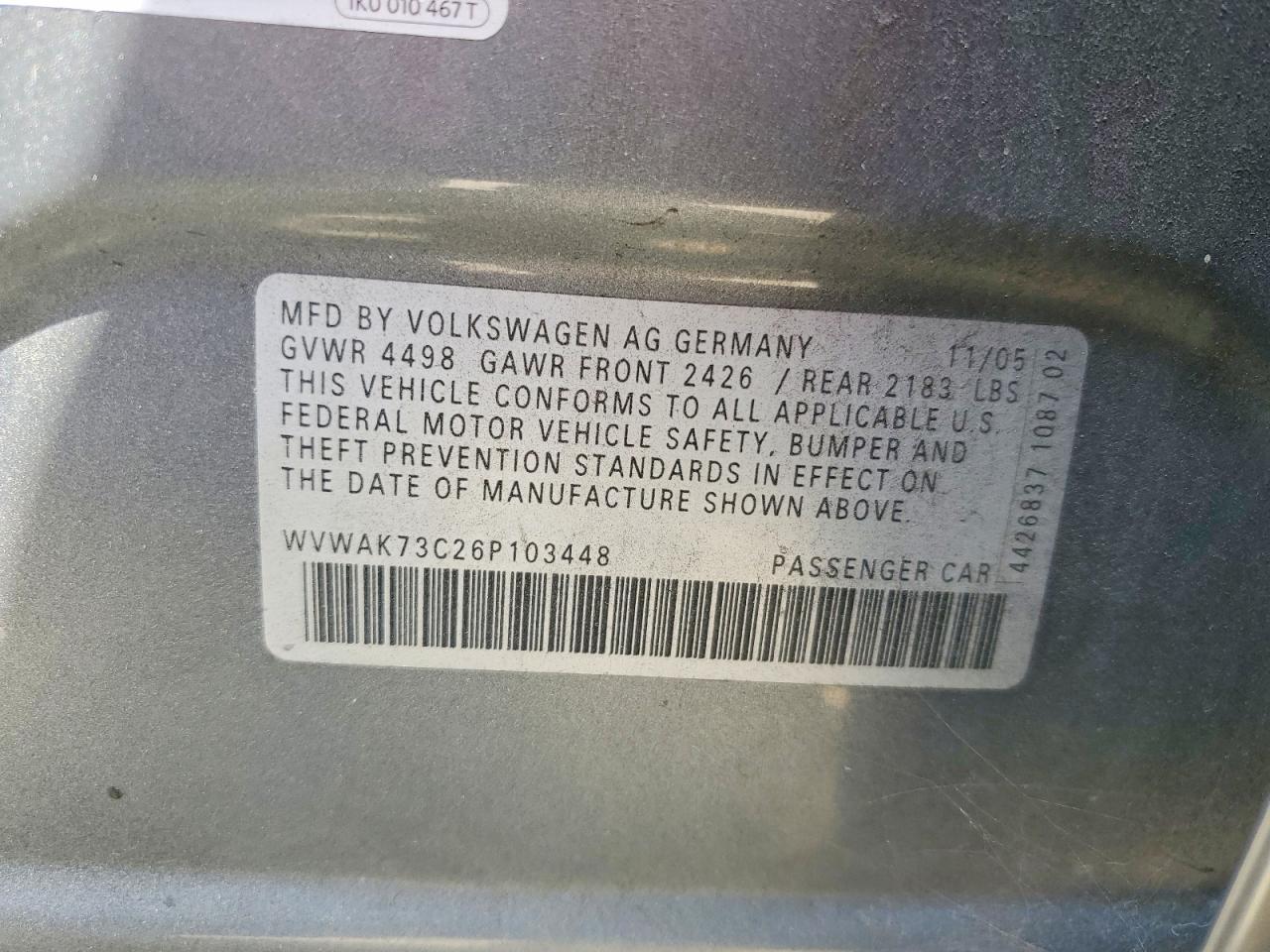 2006 Volkswagen Passat 2.0t Gray vin: WVWAK73C26P103448