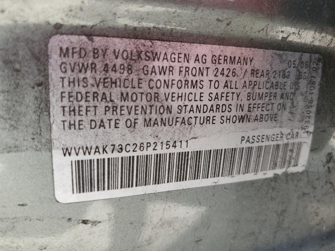 2006 Volkswagen Passat 2.0t Green vin: WVWAK73C26P215411