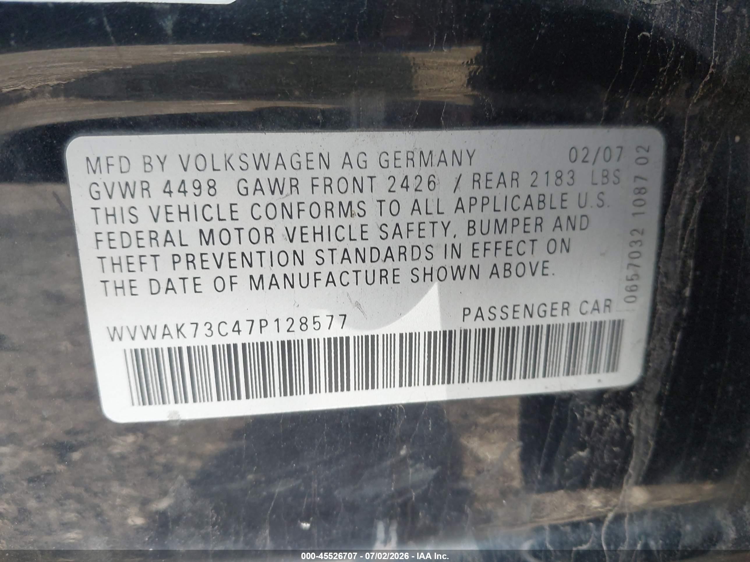 2007 Volkswagen Passat   Black vin: WVWAK73C47P128577