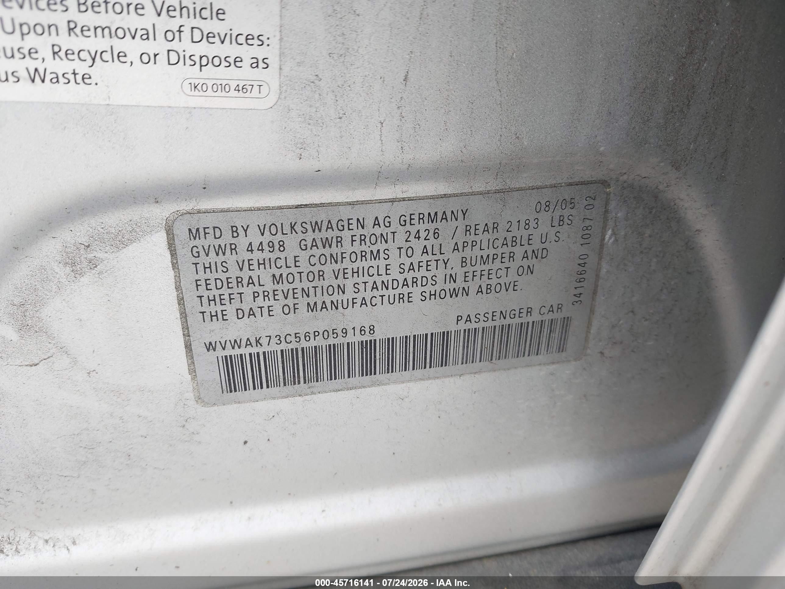 2006 Volkswagen Passat 2.0t Silver vin: WVWAK73C56P059168