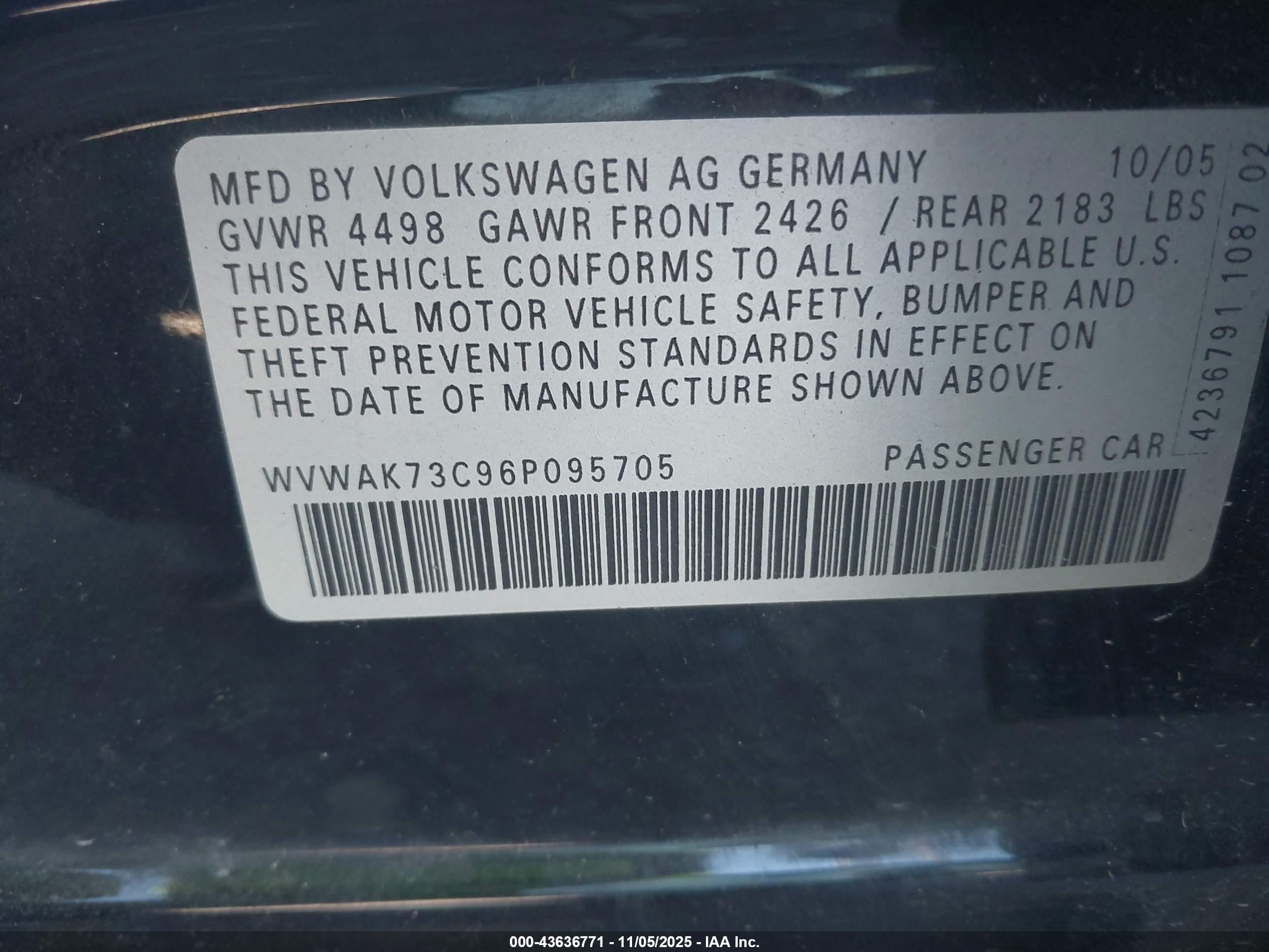 2006 Volkswagen Passat 2.0t Black vin: WVWAK73C96P095705