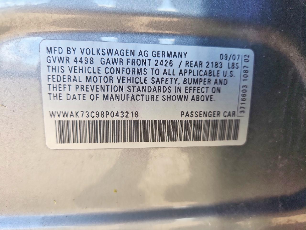 2008 Volkswagen Passat Komfort Gray vin: WVWAK73C98P043218