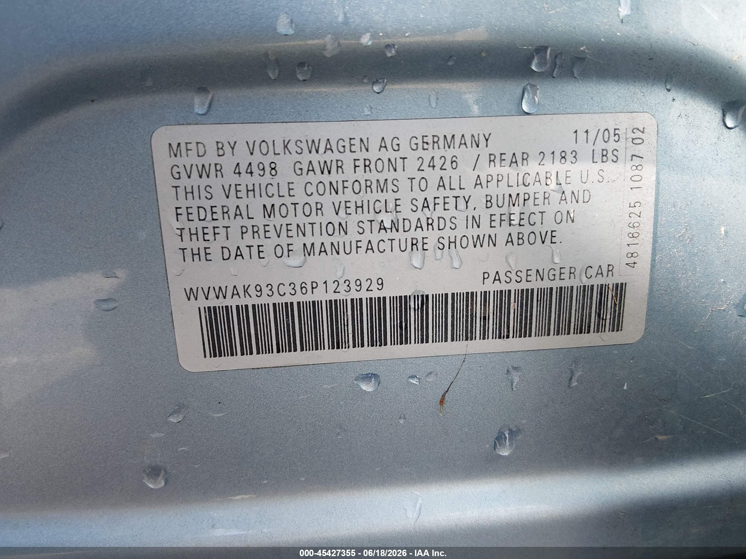 2006 Volkswagen Passat 2.0t/value Edition Серебряный vin: WVWAK93C36P123929