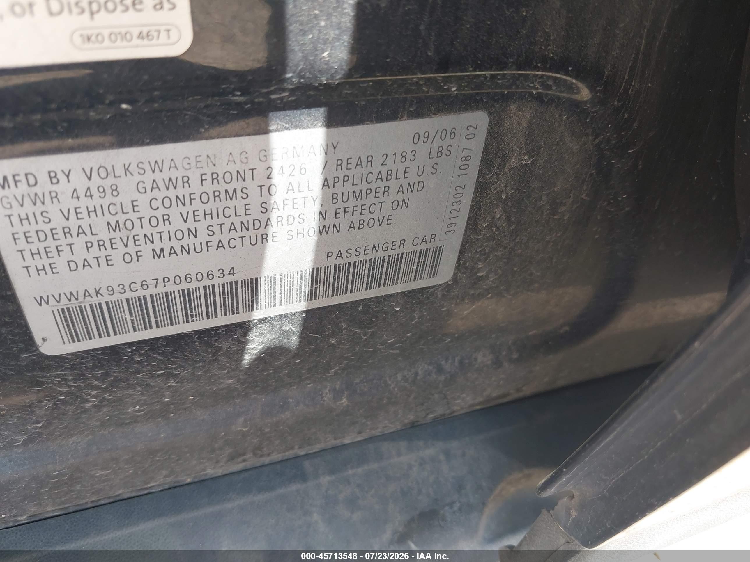 2007 Volkswagen Passat 2.0t Черный vin: WVWAK93C67P060634