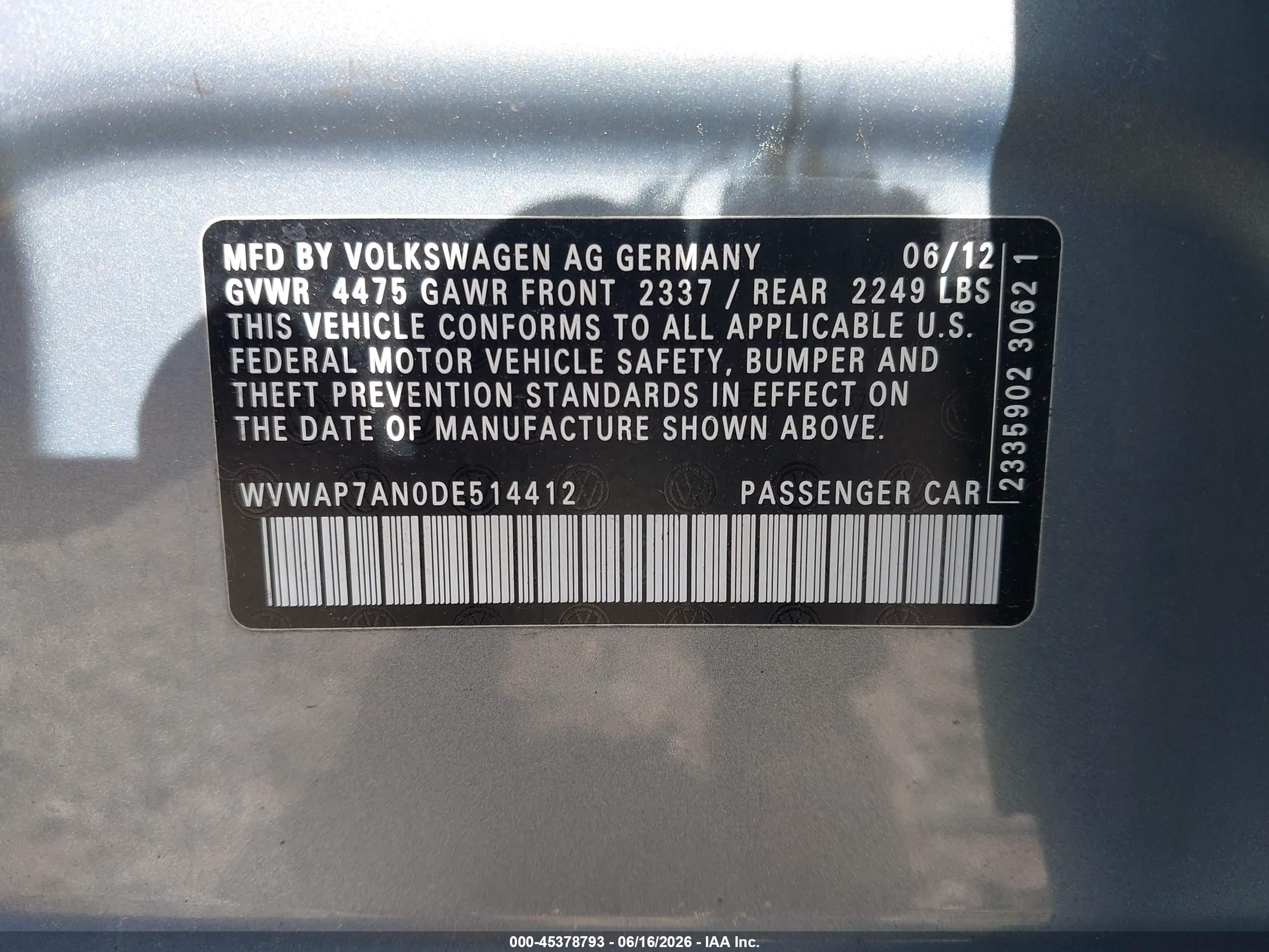 2013 Volkswagen Cc 2.0t Sport Light Blue vin: WVWAP7AN0DE514412