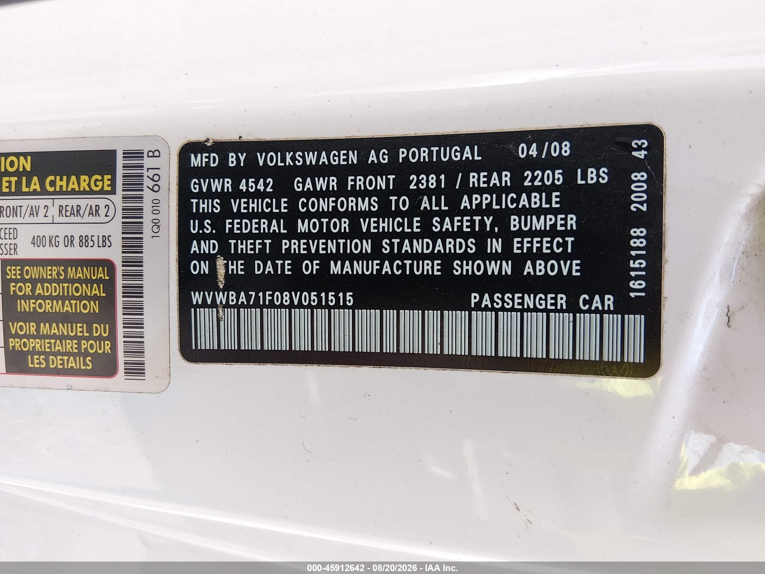 2008 Volkswagen Eos Komfort White vin: WVWBA71F08V051515