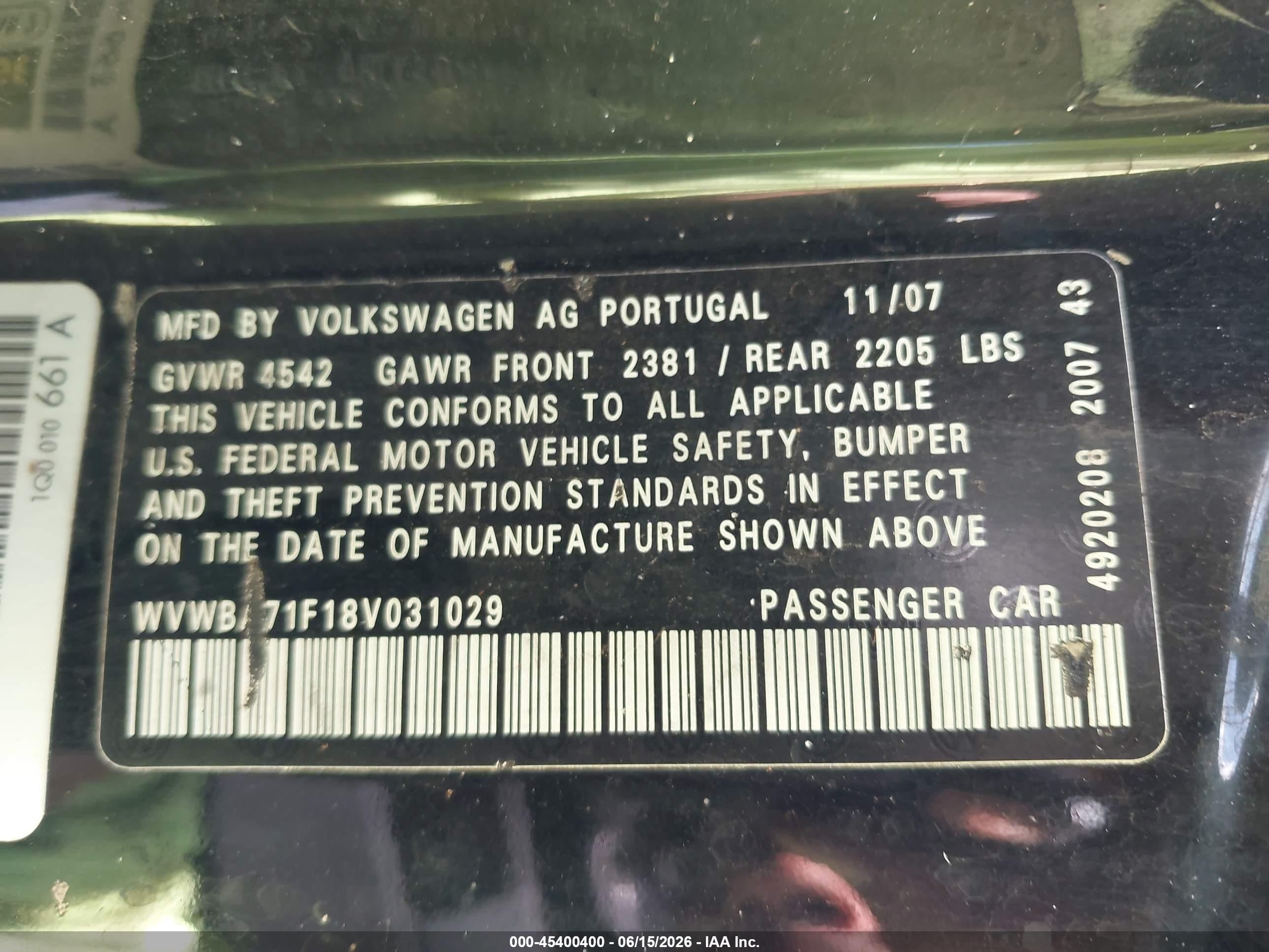 2008 Volkswagen Eos Komfort/turbo Black vin: WVWBA71F18V031029