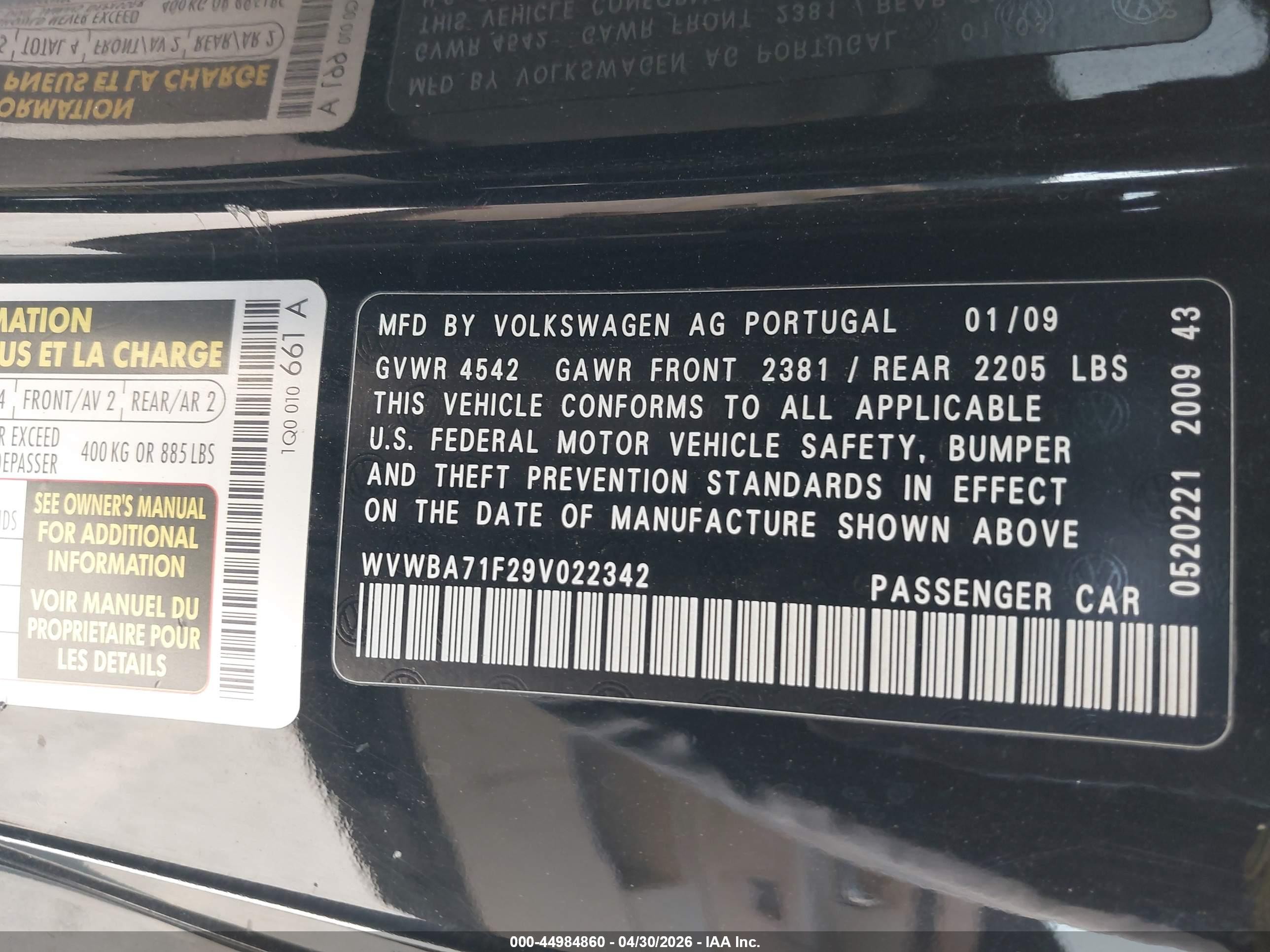 2009 Volkswagen Eos Komfort Black vin: WVWBA71F29V022342