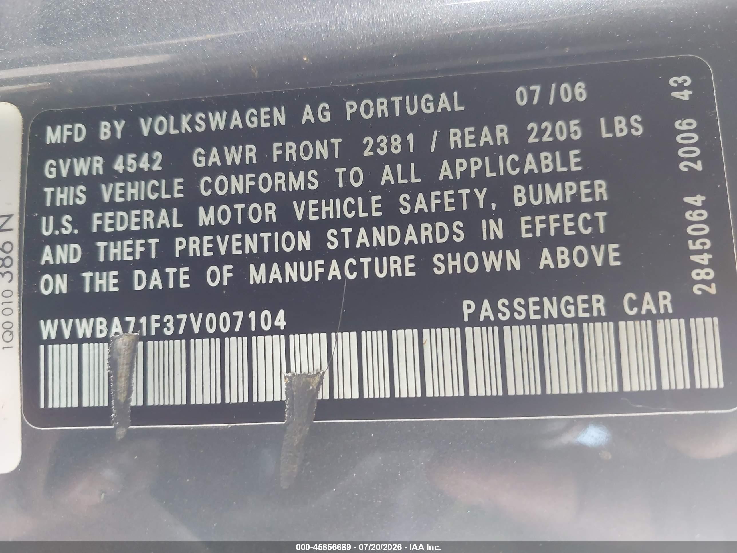 2007 Volkswagen Eos 2.0t Blue vin: WVWBA71F37V007104