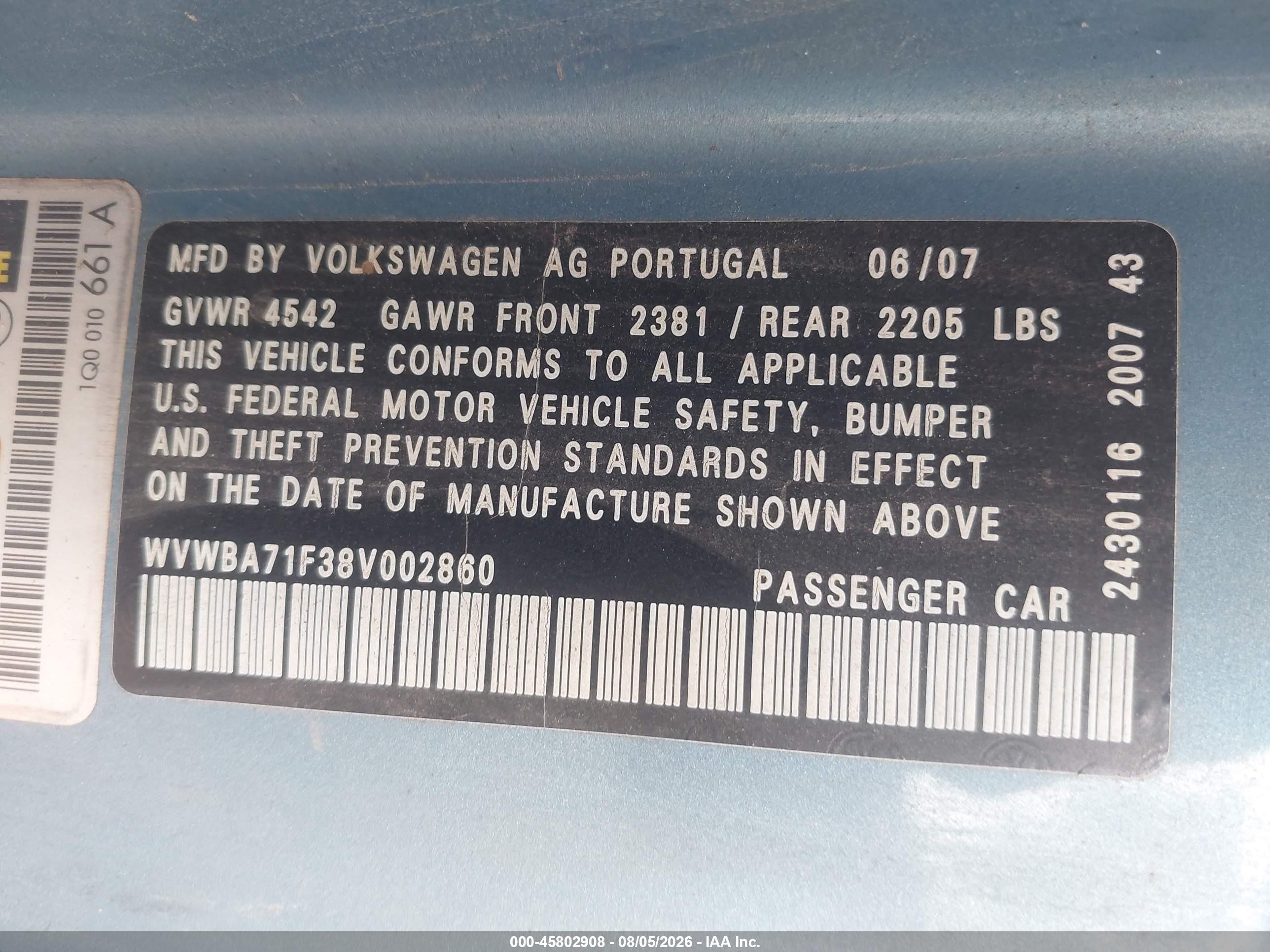 2008 Volkswagen Eos Komfort/turbo Light Blue vin: WVWBA71F38V002860