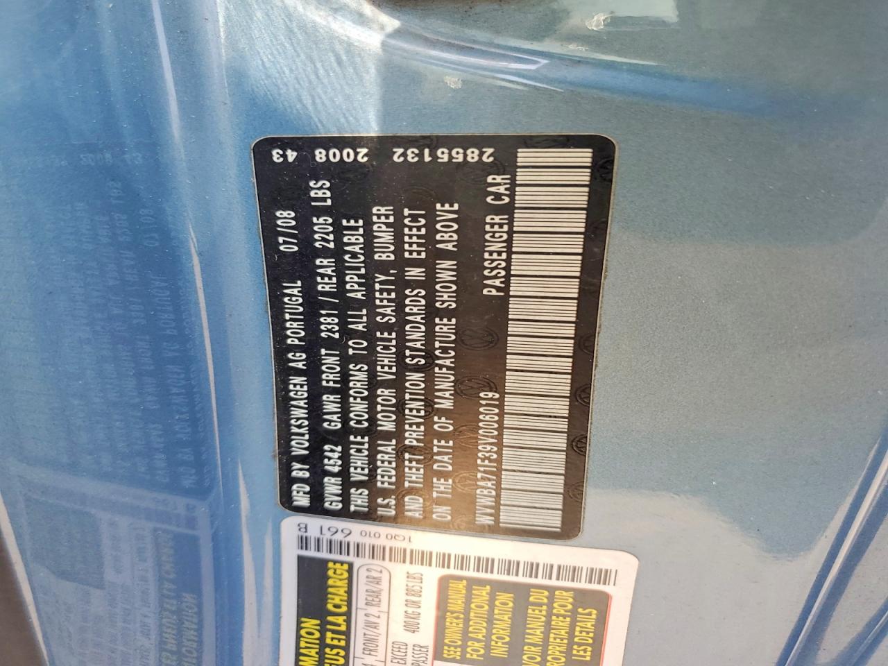2009 Volkswagen Eos Turbo Blue vin: WVWBA71F39V006019