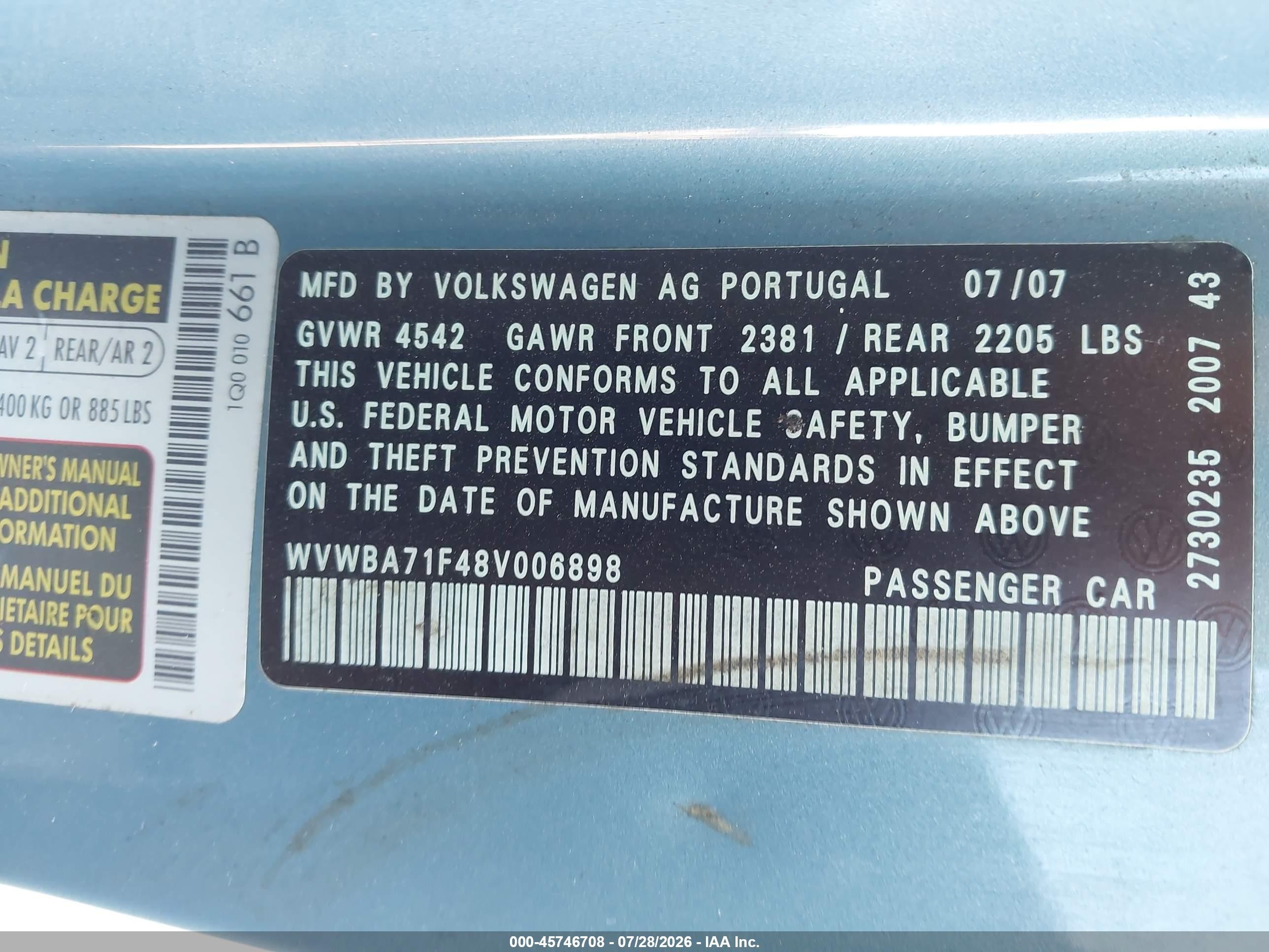 2008 Volkswagen Eos Komfort/turbo Light Blue vin: WVWBA71F48V006898