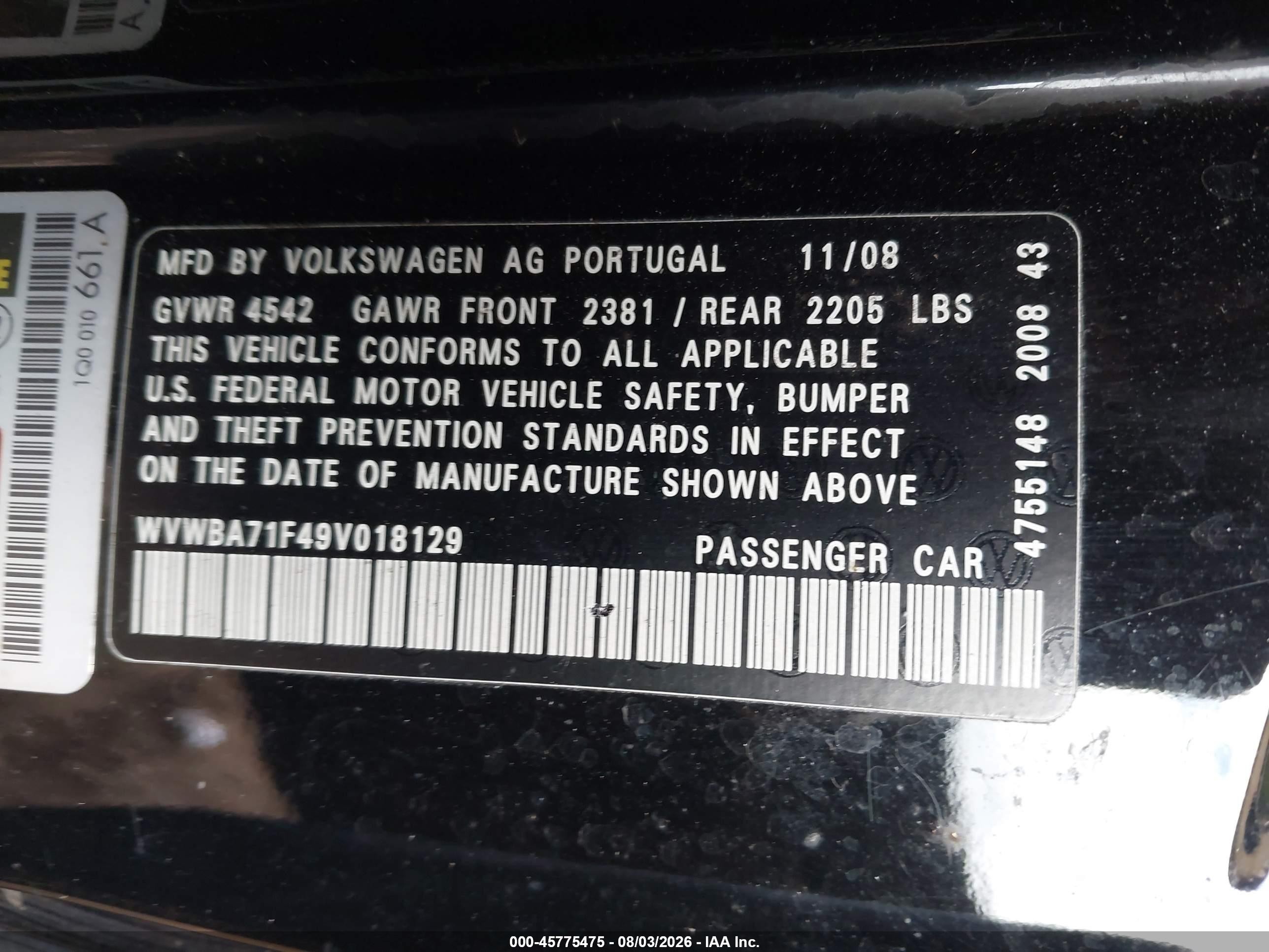 2009 Volkswagen Eos Komfort Black vin: WVWBA71F49V018129