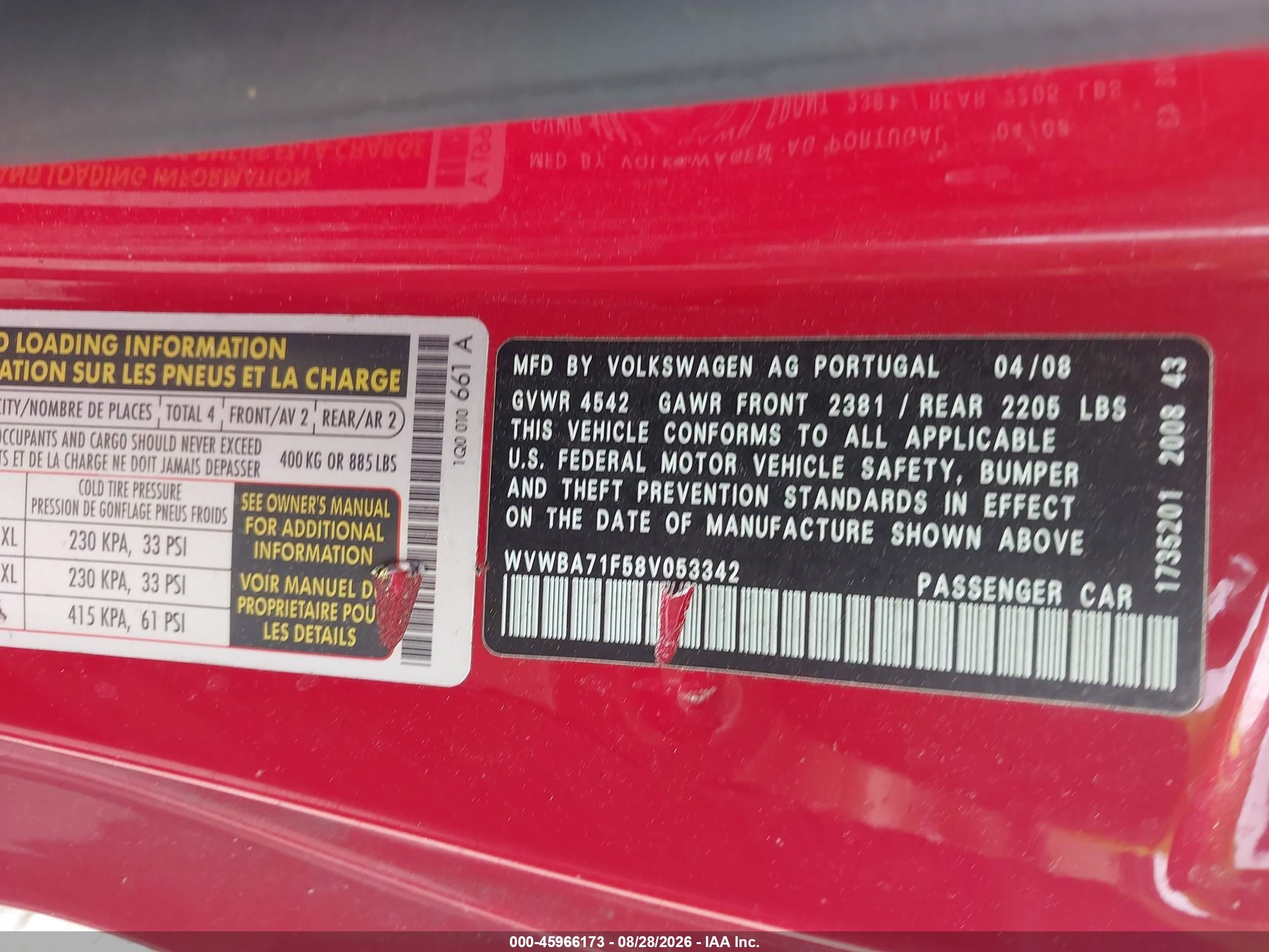 2008 Volkswagen Eos Komfort/turbo Red vin: WVWBA71F58V053342
