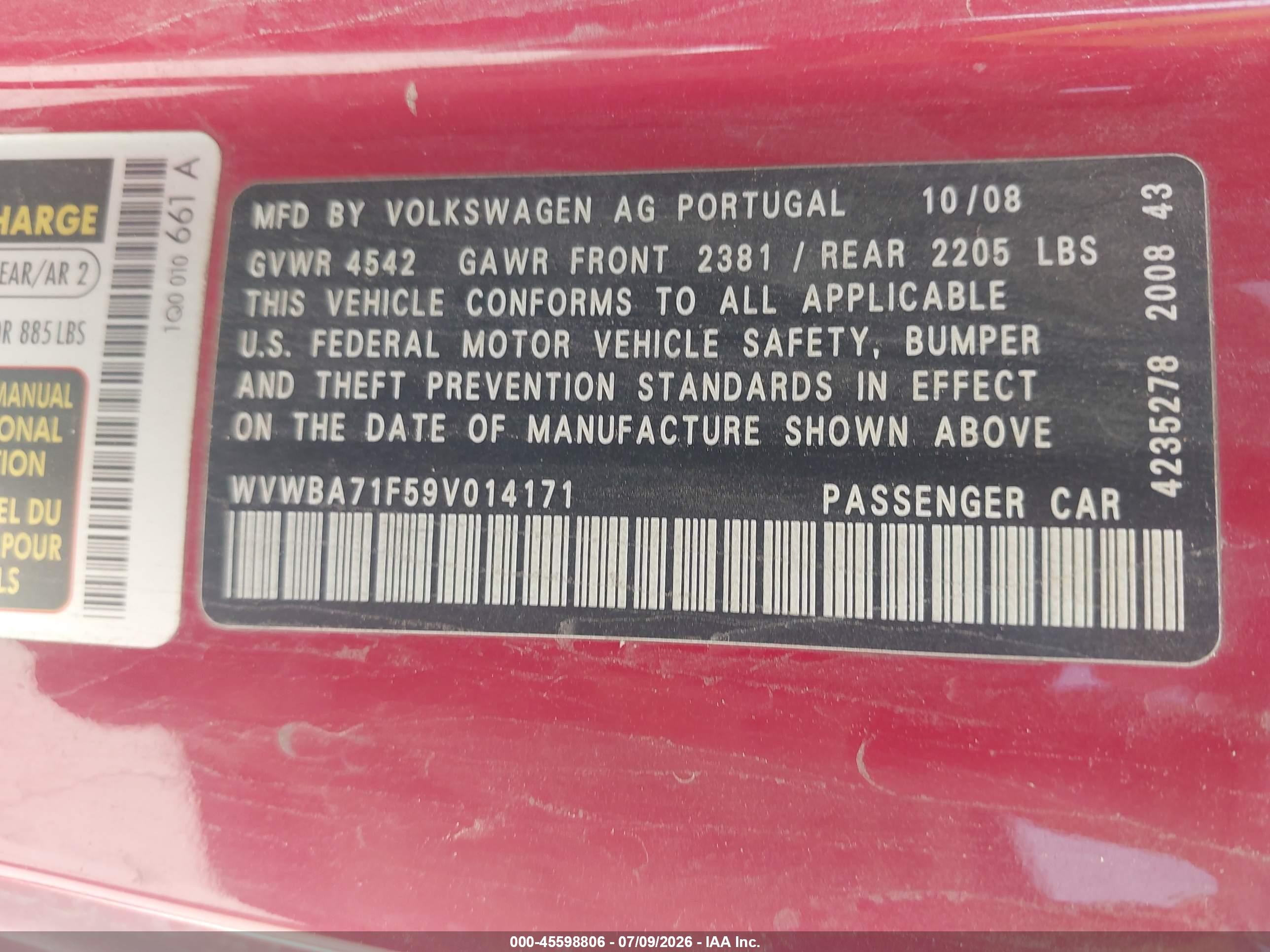 2009 Volkswagen Eos Komfort Red vin: WVWBA71F59V014171