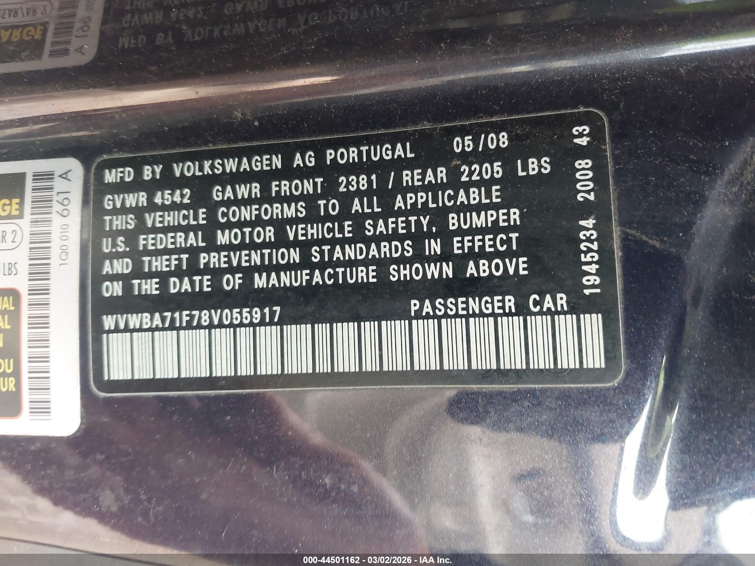 2008 Volkswagen Eos Komfort/turbo Black vin: WVWBA71F78V055917