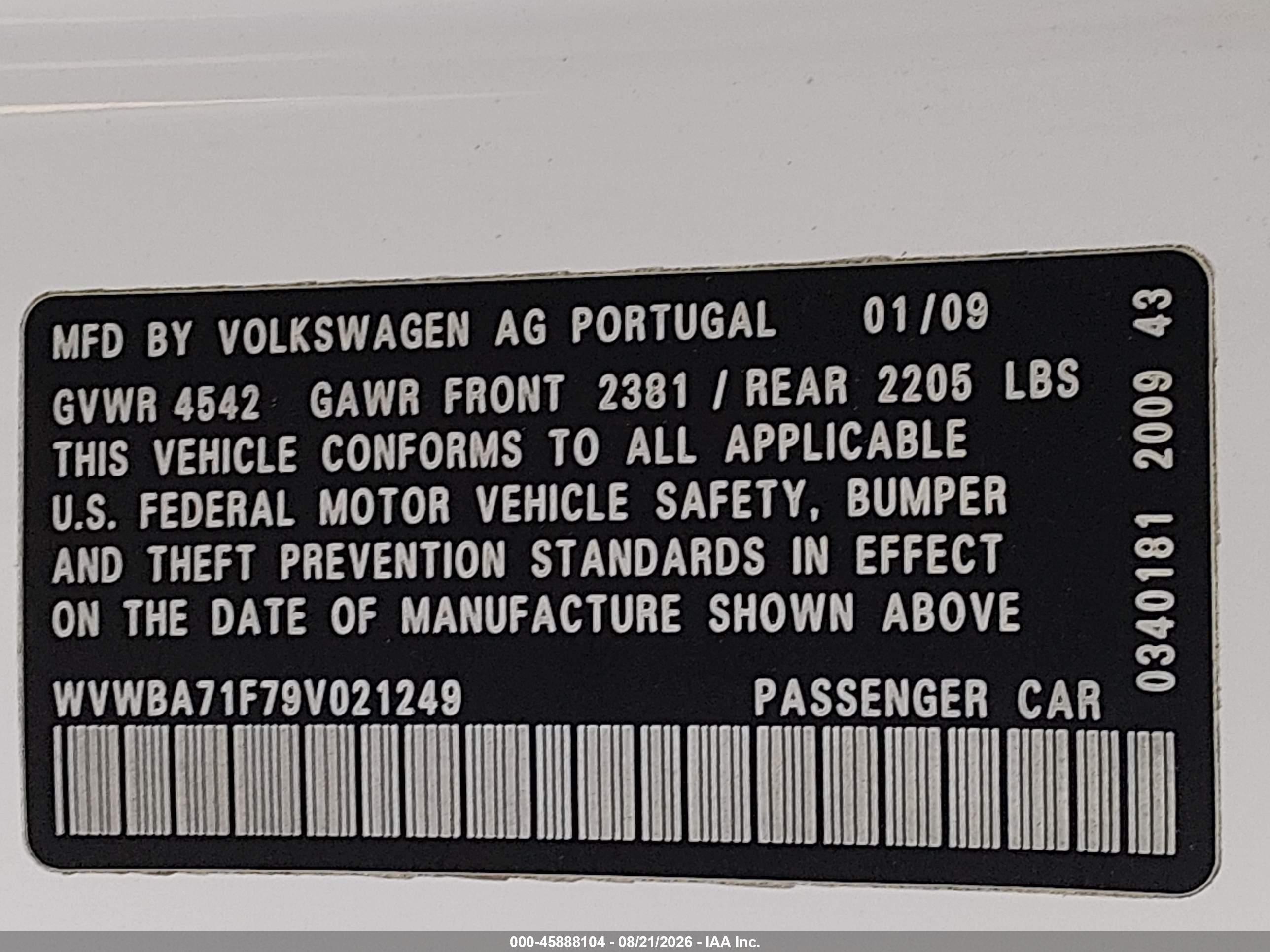 2009 Volkswagen Eos Komfort White vin: WVWBA71F79V021249