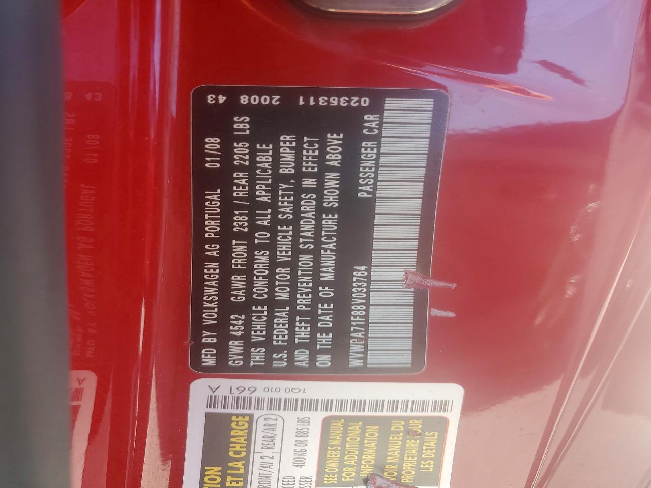 2008 Volkswagen Eos Turbo Red vin: WVWBA71F88V033764